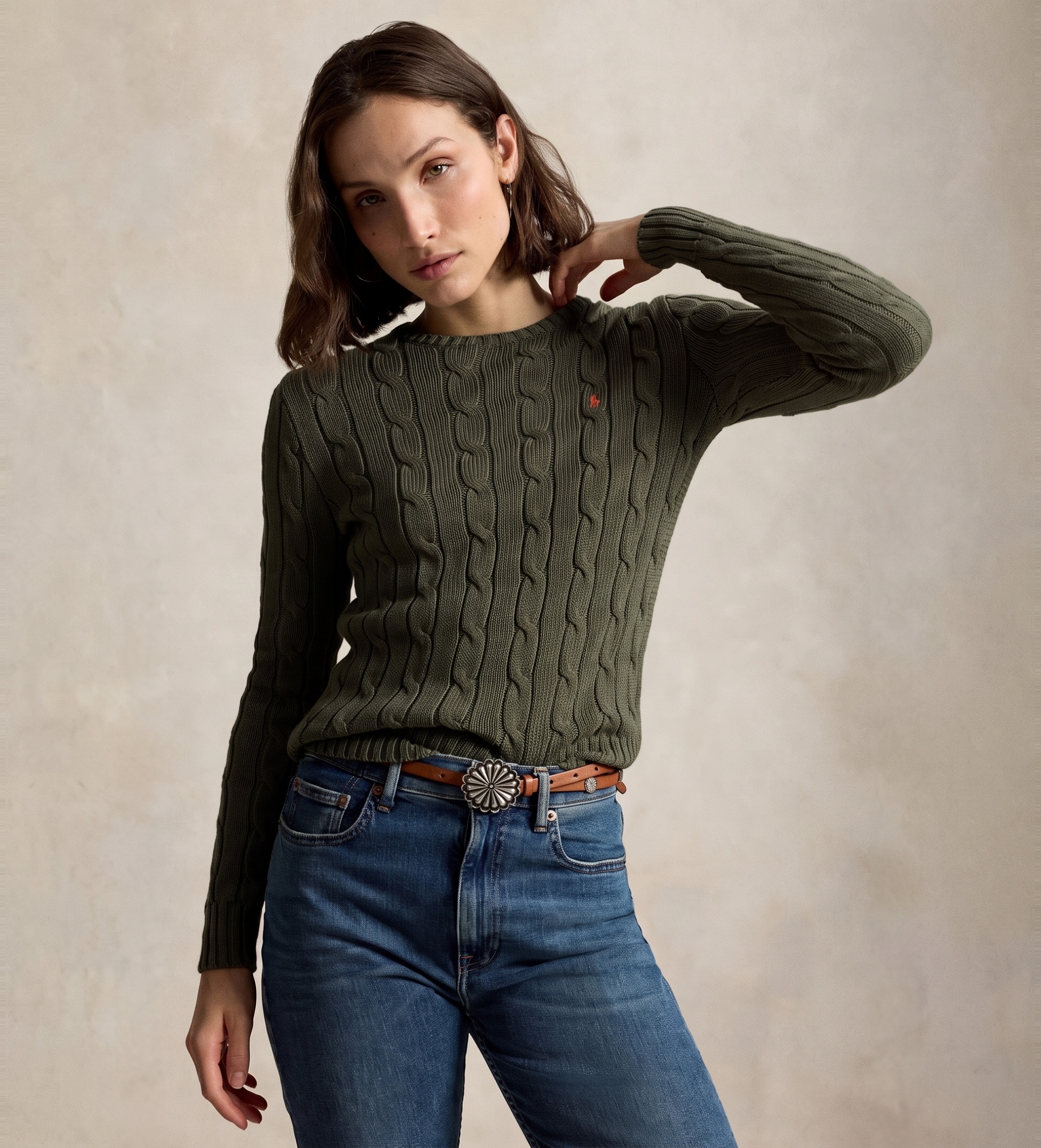 Baumwollpullover mit Zopfmuster grün