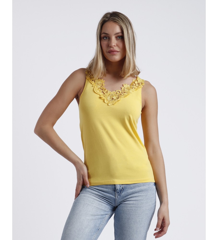 Admas T-shirt sem mangas com decote em guipura amarelo