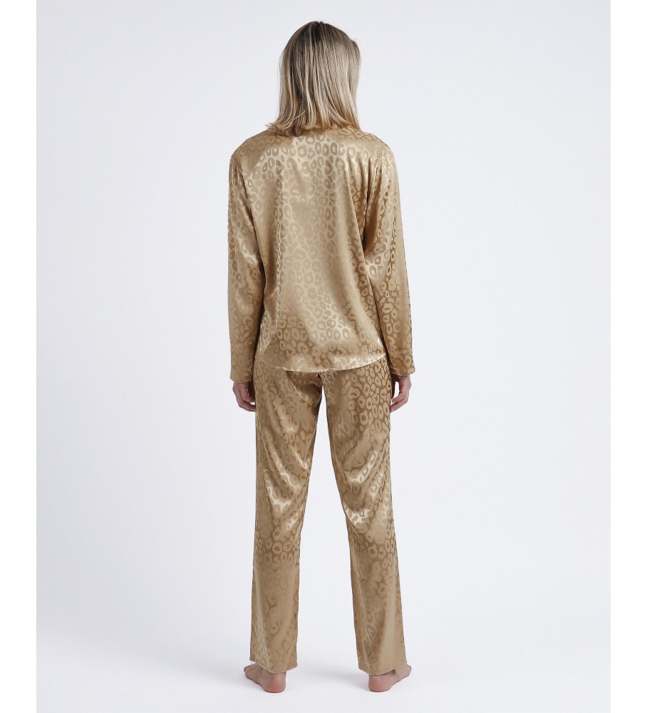 Pigiama aperto a maniche lunghe in raso leopardato marrone