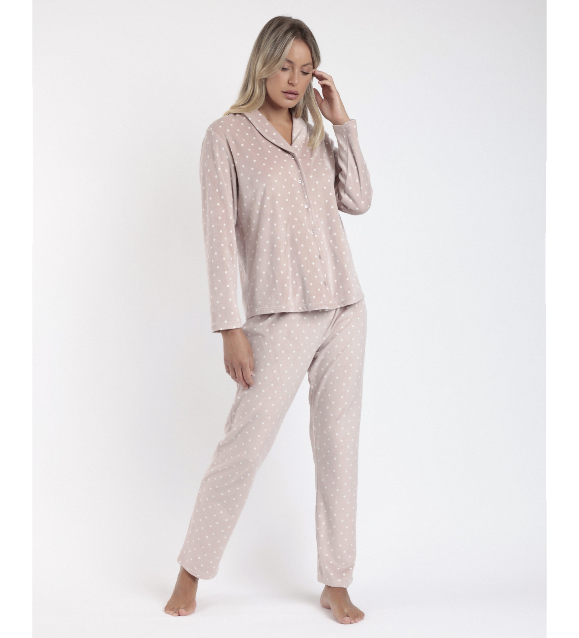 Admas Pijama Manga Aberta Manga Comprida Veludo Pico Pontos Renda rosa