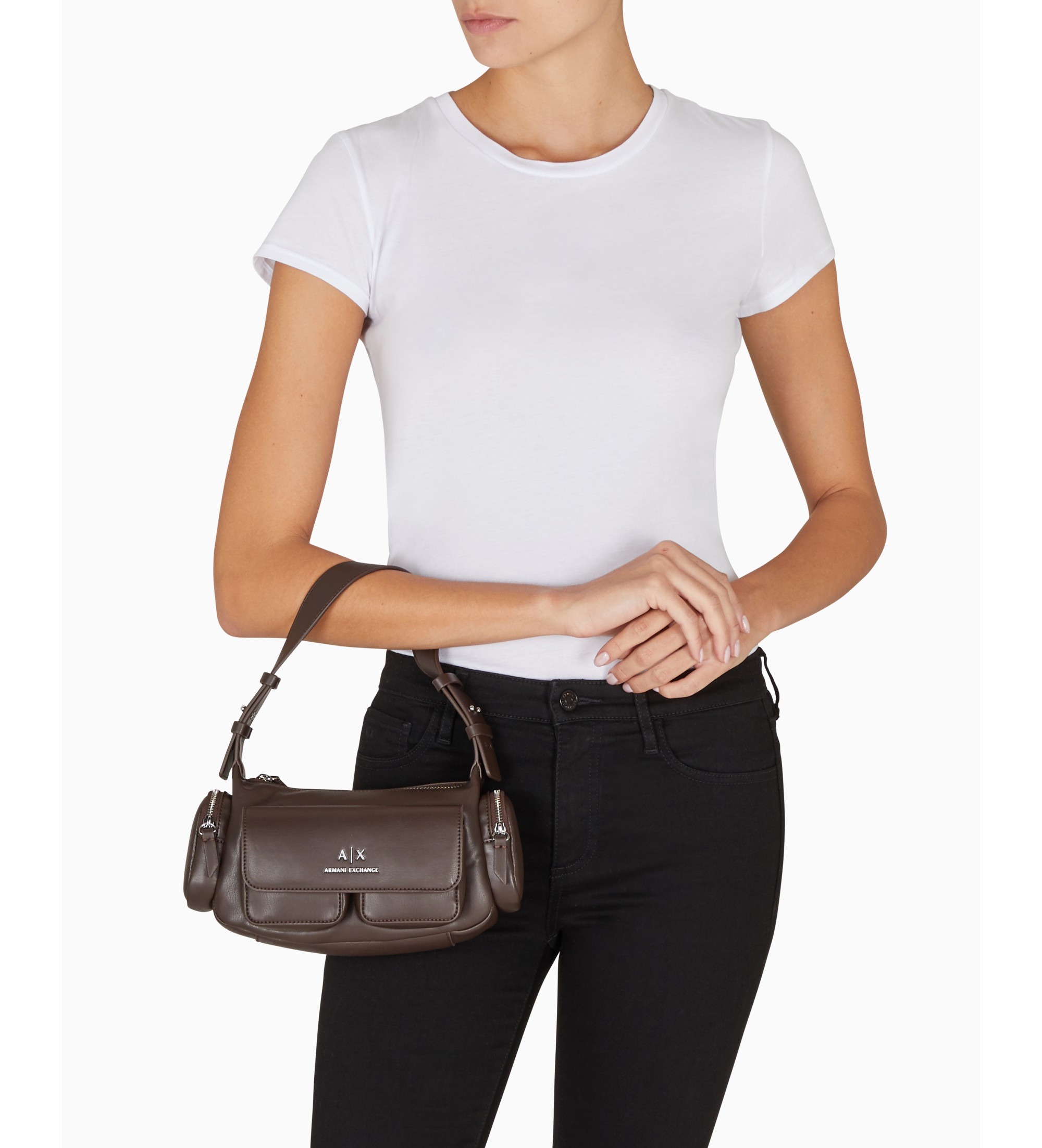 A|X Armani Exchange Sac à main avec poches latérales brunes A|X Armani Exchange Sac à main avec poches latérales brunes