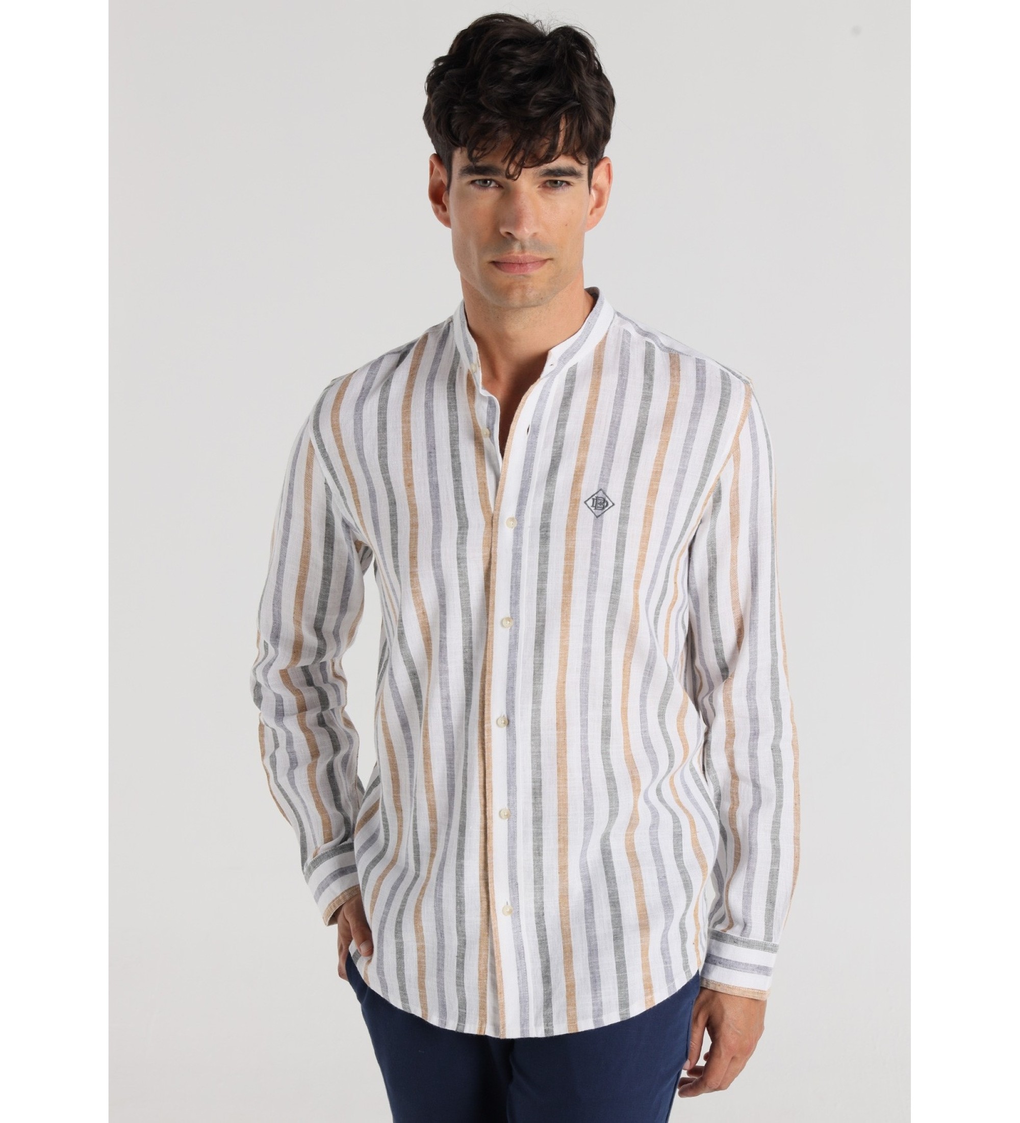 Bendorff Camicia a maniche lunghe con stampa a righe e colletto alla coreana bianco