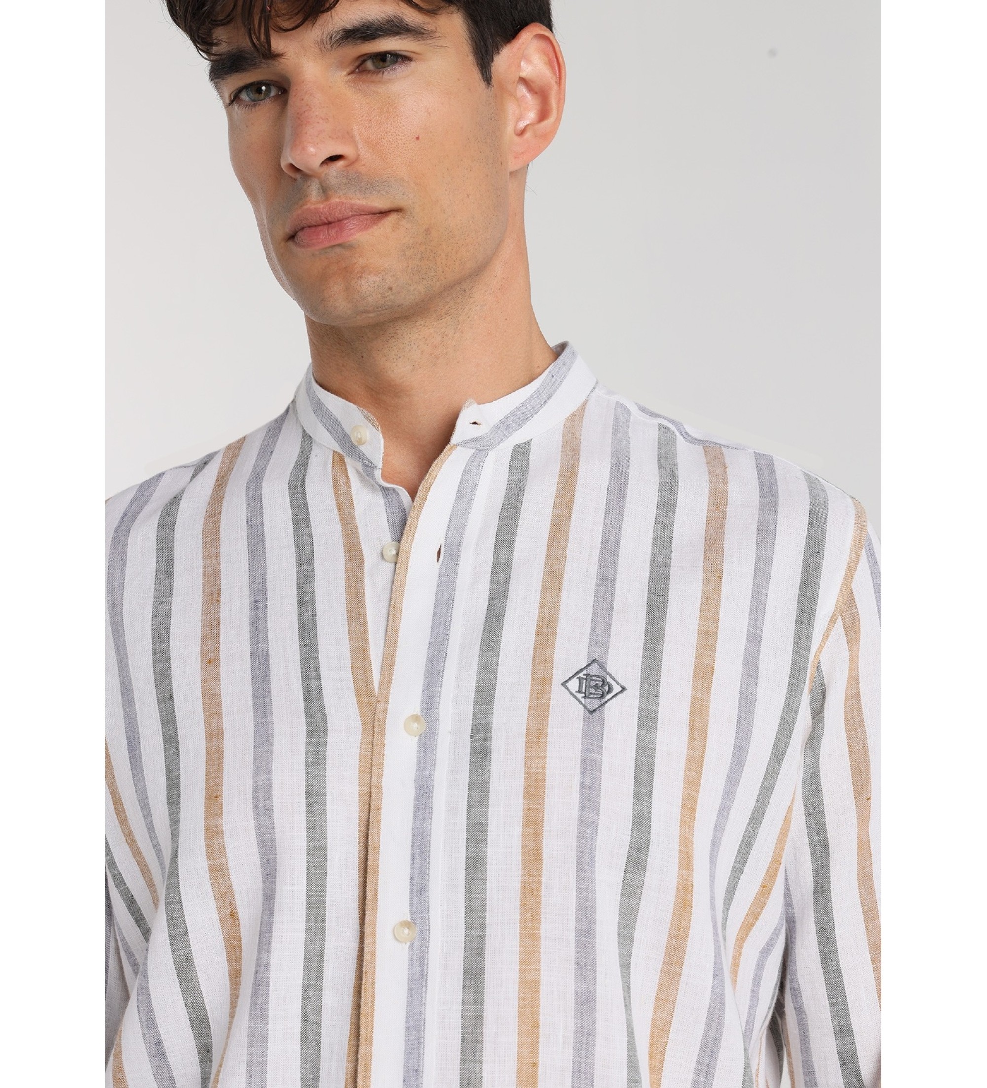 Bendorff Camicia a maniche lunghe con stampa a righe e colletto alla coreana bianco