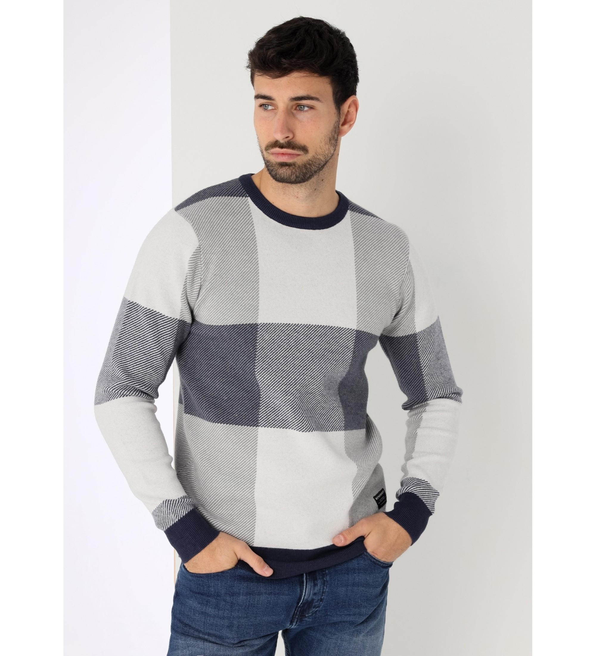 Bendorff Camisola de gola box com estampado xadrez cinzento intarsia