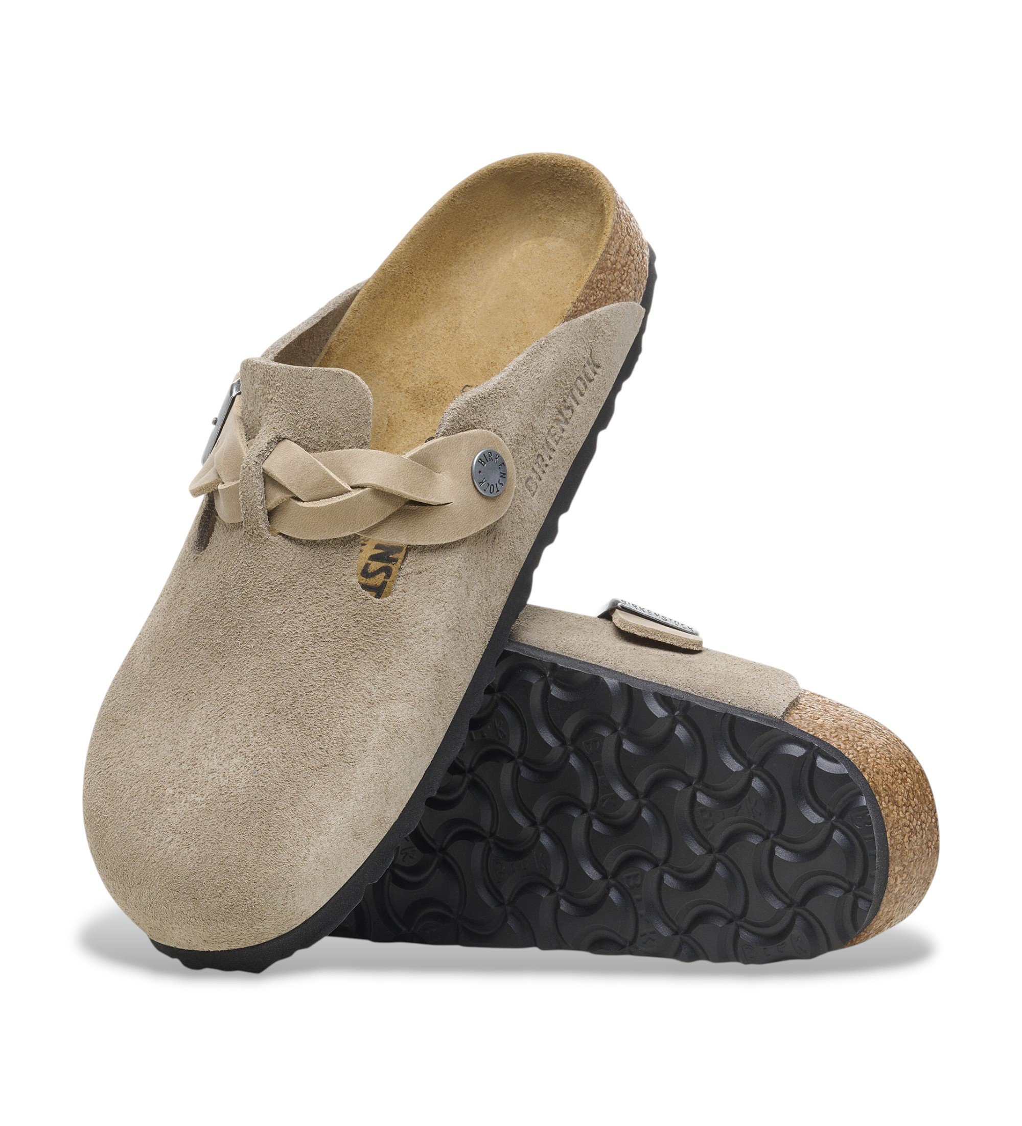 Birkenstock Tamancos de Couro Boston Braided (Ajuste Estreito) taupe