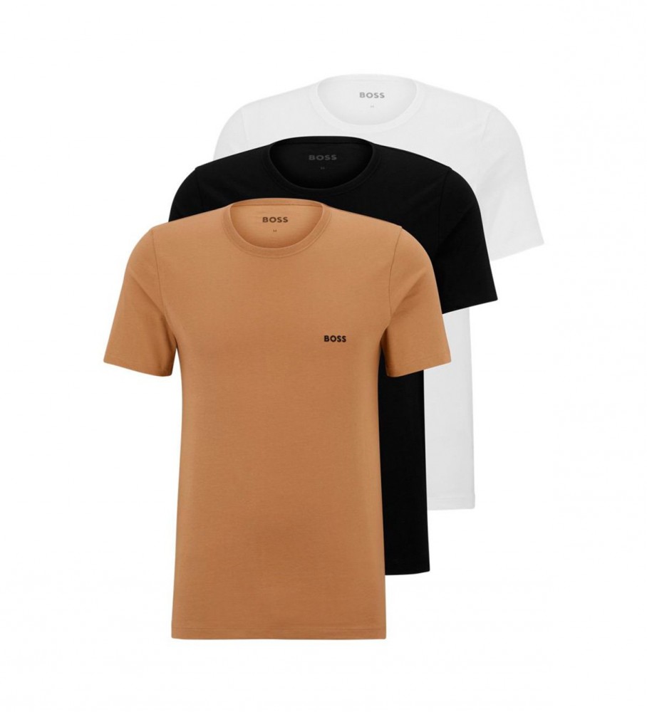 BOSS Pack 3 T-shirts de base Blanc, Noir, Marron