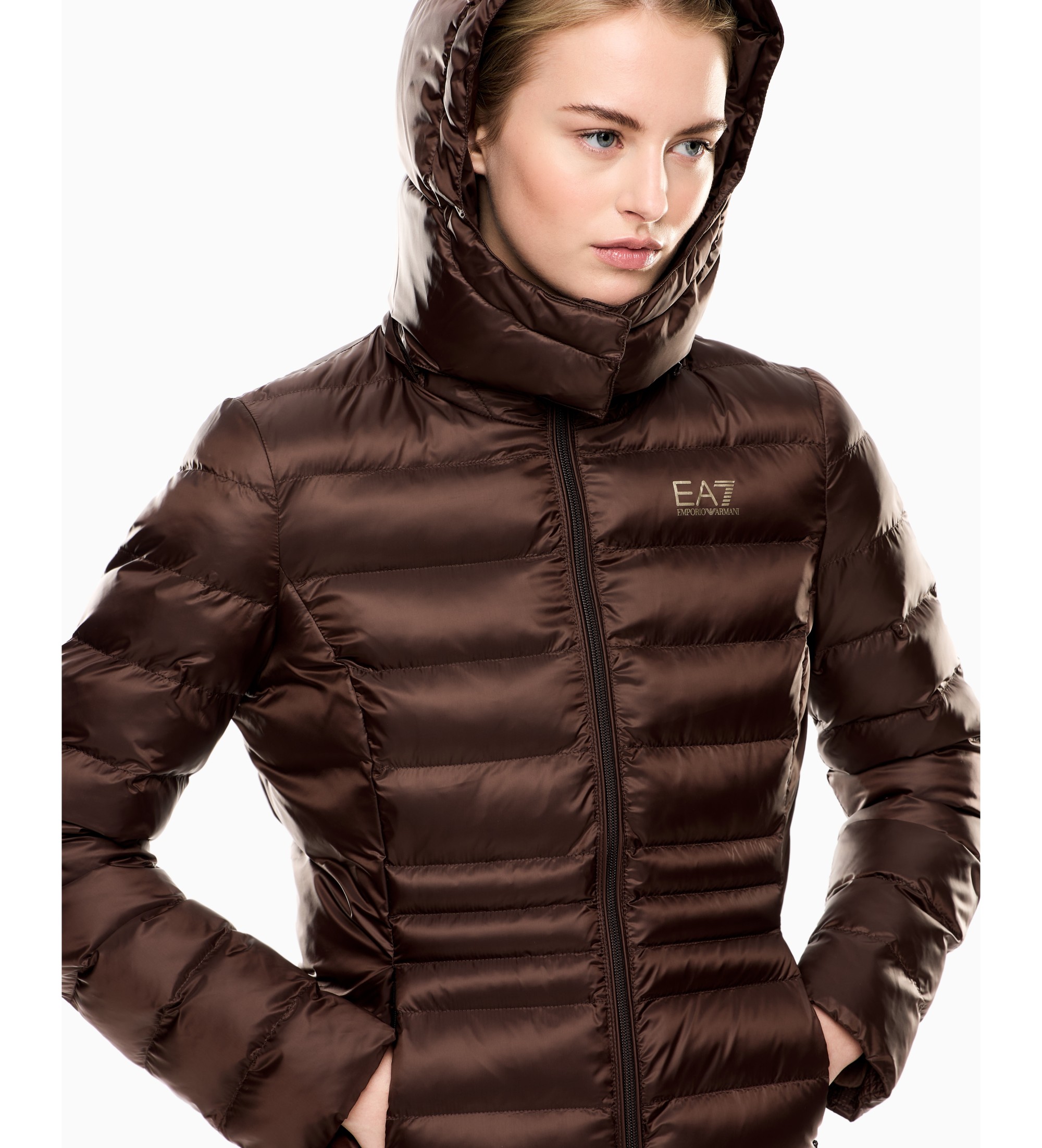 EA7 Casaco com capuz de nylon acolchoado castanho com capuz