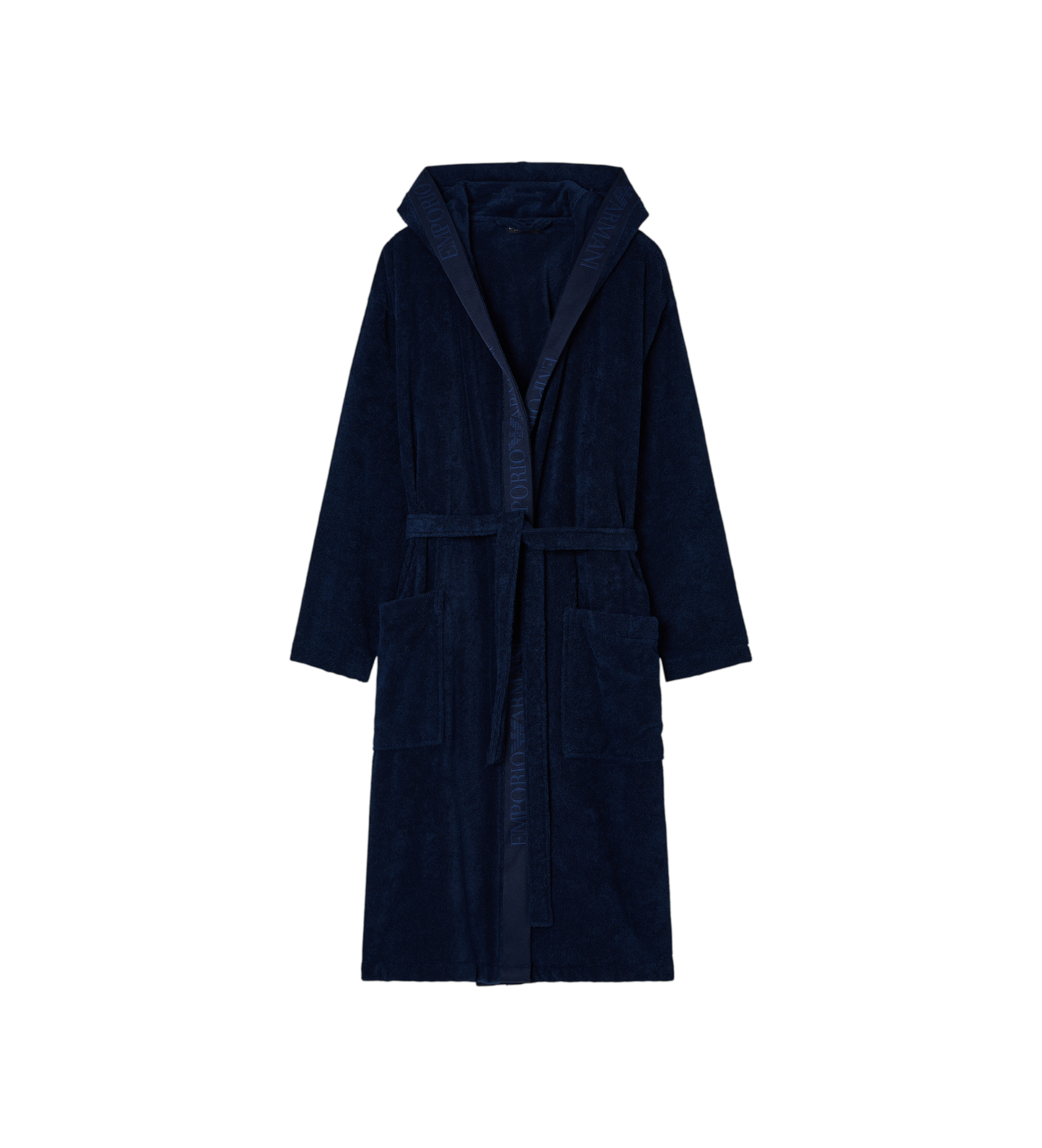 Emporio Armani Terry towelling bathrobe with logo on navy border Emporio Armani Terry towelling bathrobe with logo on navy border
