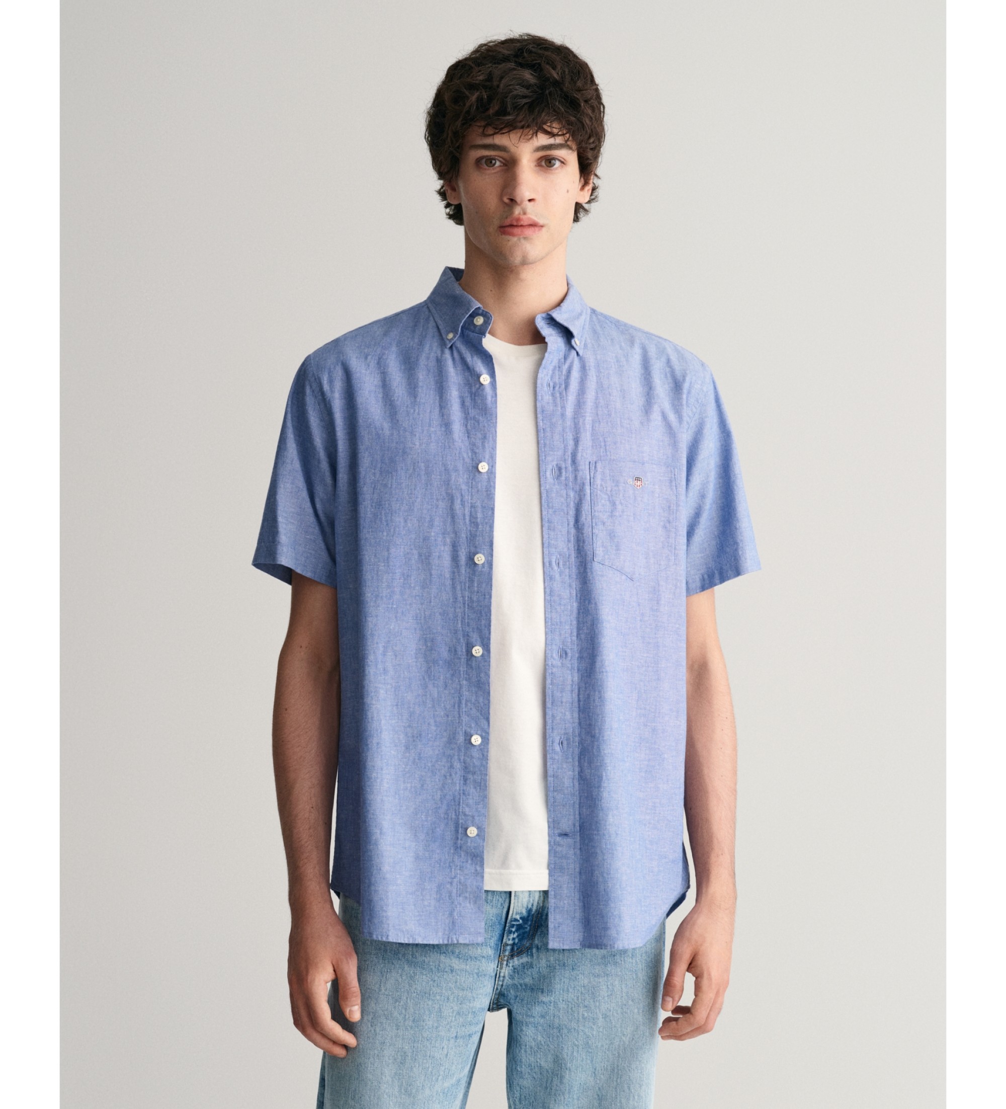 Gant Chemise  manches courtes Regular Fit en coton et lin bleu