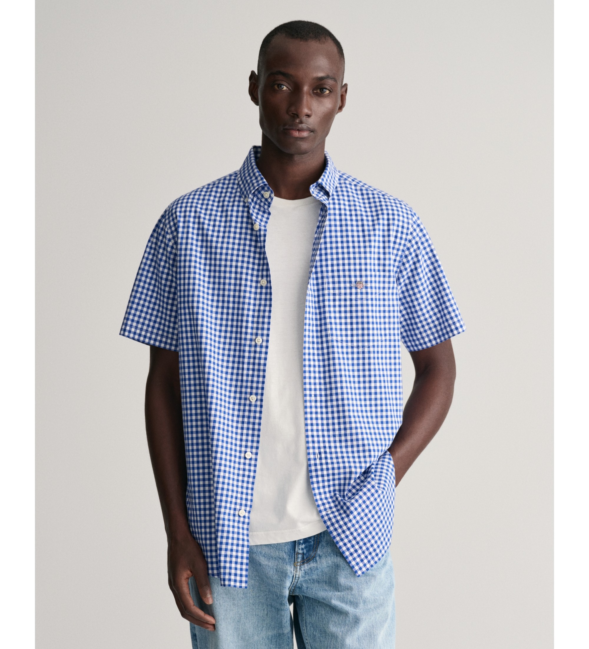 Gant Kortærmet Regular Fit-skjorte i blå gingham-poplin