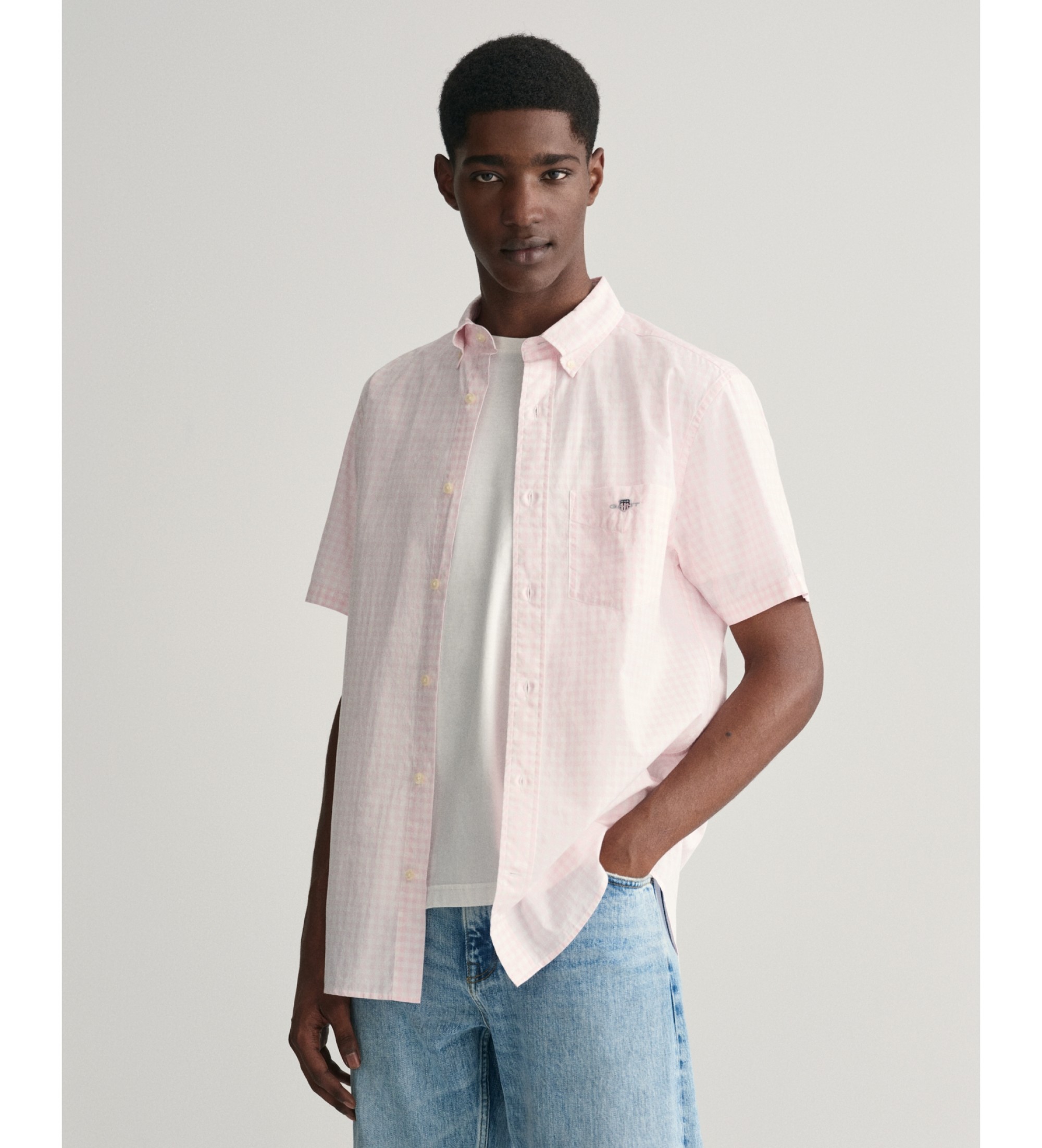 Gant Regular Fit Short Sleeve Shirt in Pink Poplin Gingham