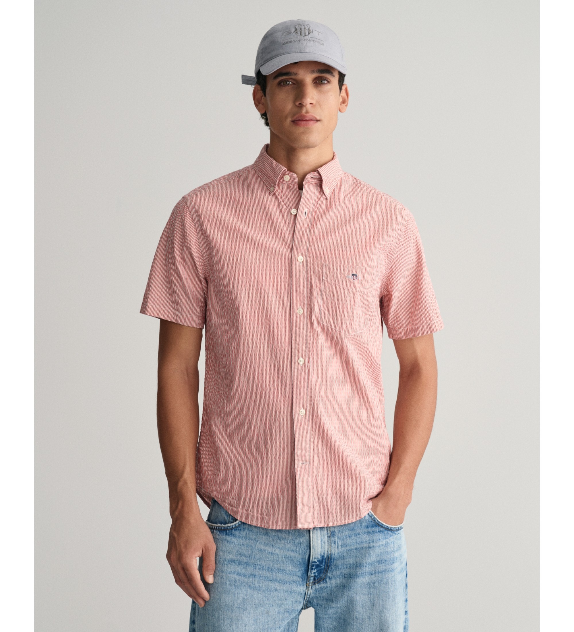 Gant Camisa Regular Fit Seersucker Sunset cor-de-rosa