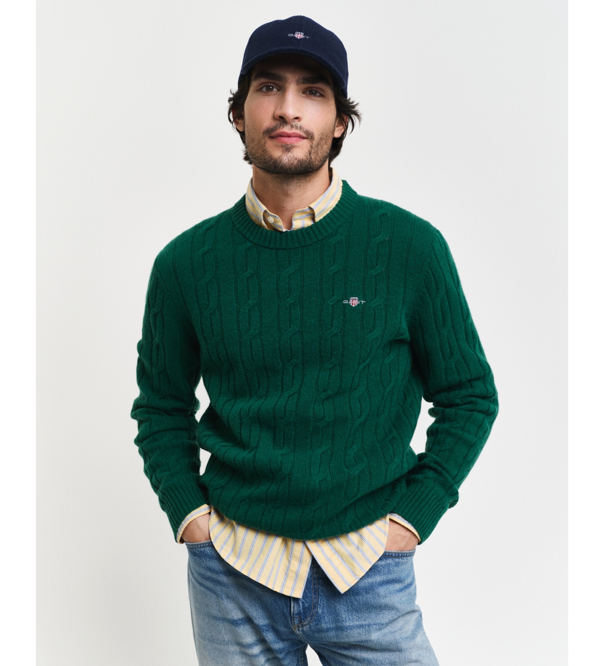 Gant Round neck jumper in green sheep's wool with eights knitted fabric
