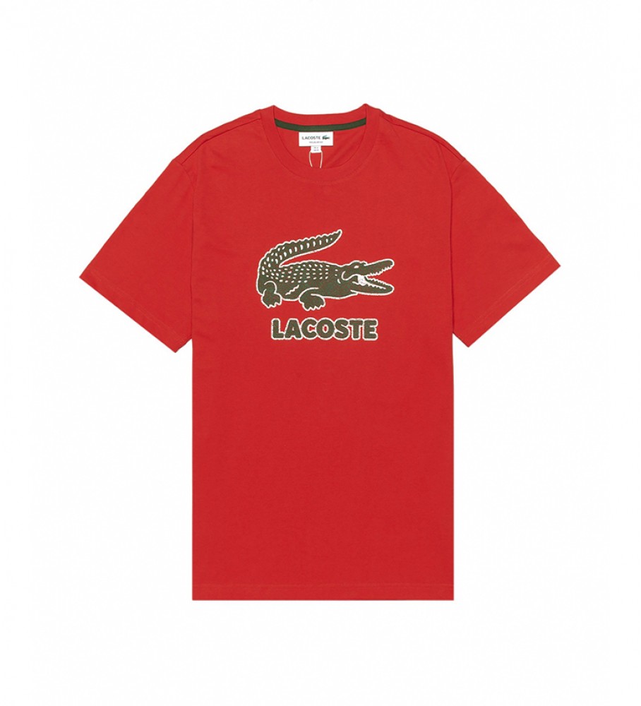 Lacoste T-shirt in cotone girocollo con logo rosso craquelé