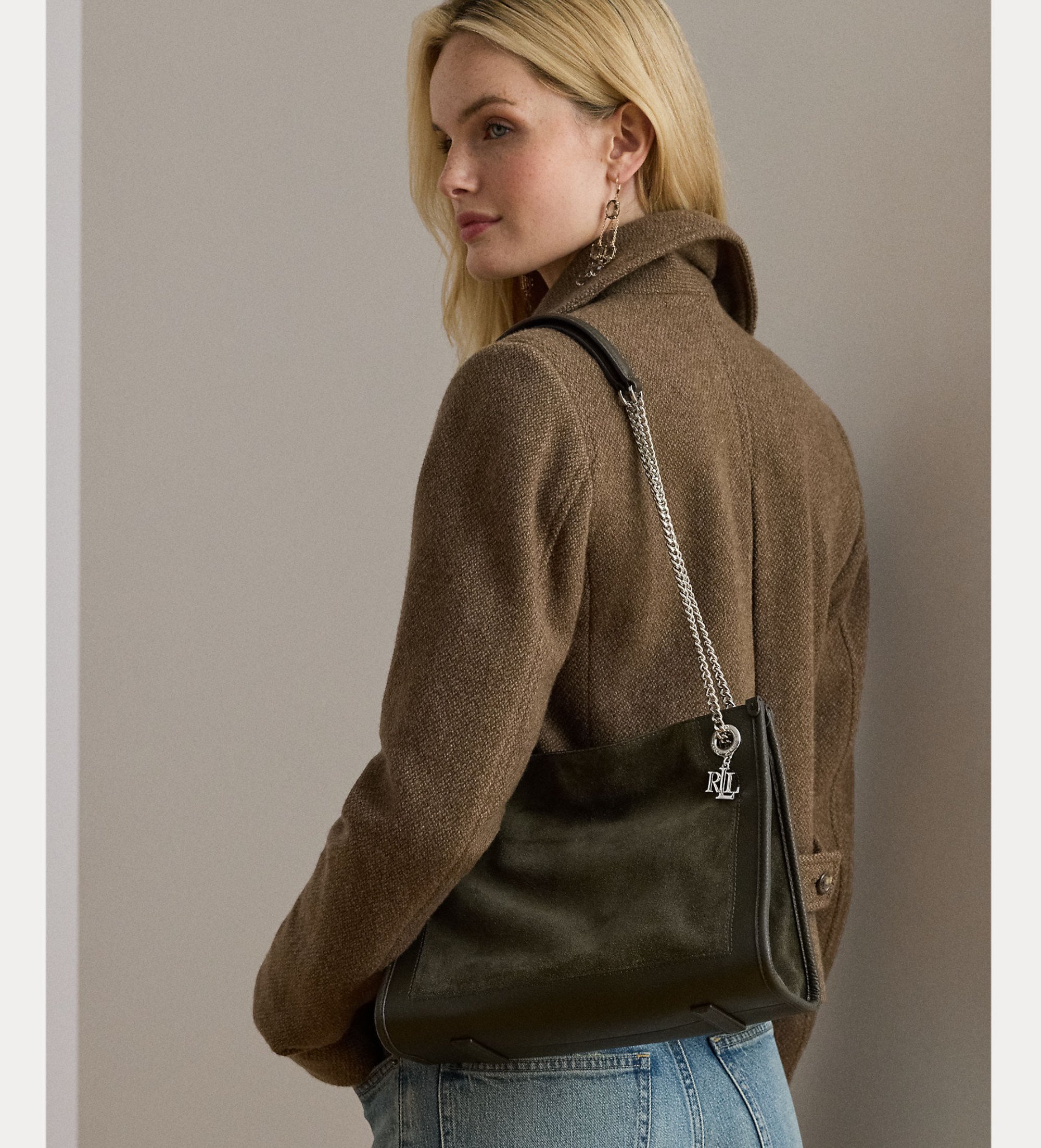 Lauren Ralph Lauren Dunkelgrüne Bradley Tragetasche aus Wildleder und Leder Lauren Ralph Lauren Dunkelgrüne Bradley Tragetasche aus Wildleder und Leder