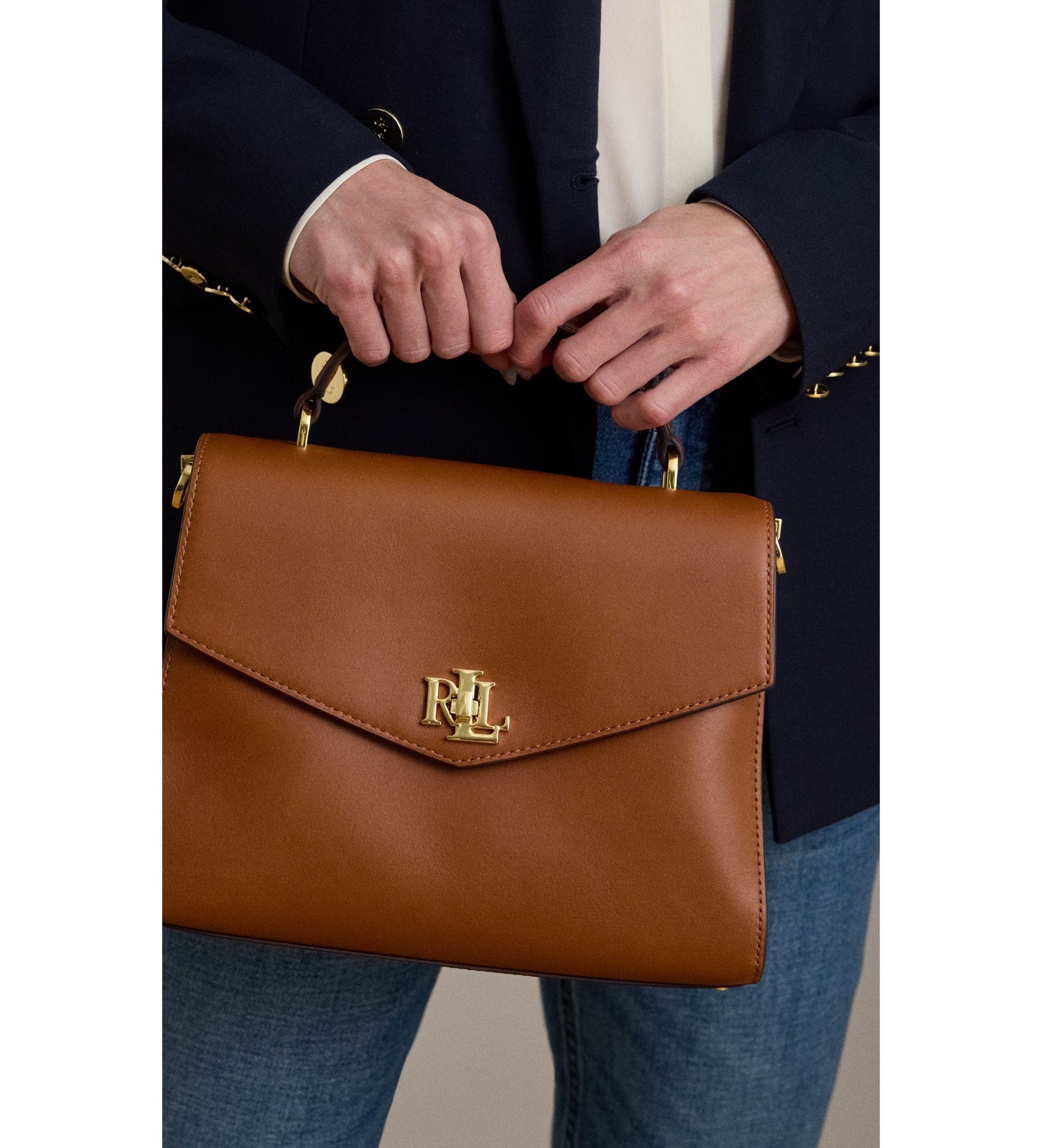Lauren Ralph Lauren Średnia brązowa skórzana torba satchel Farrah