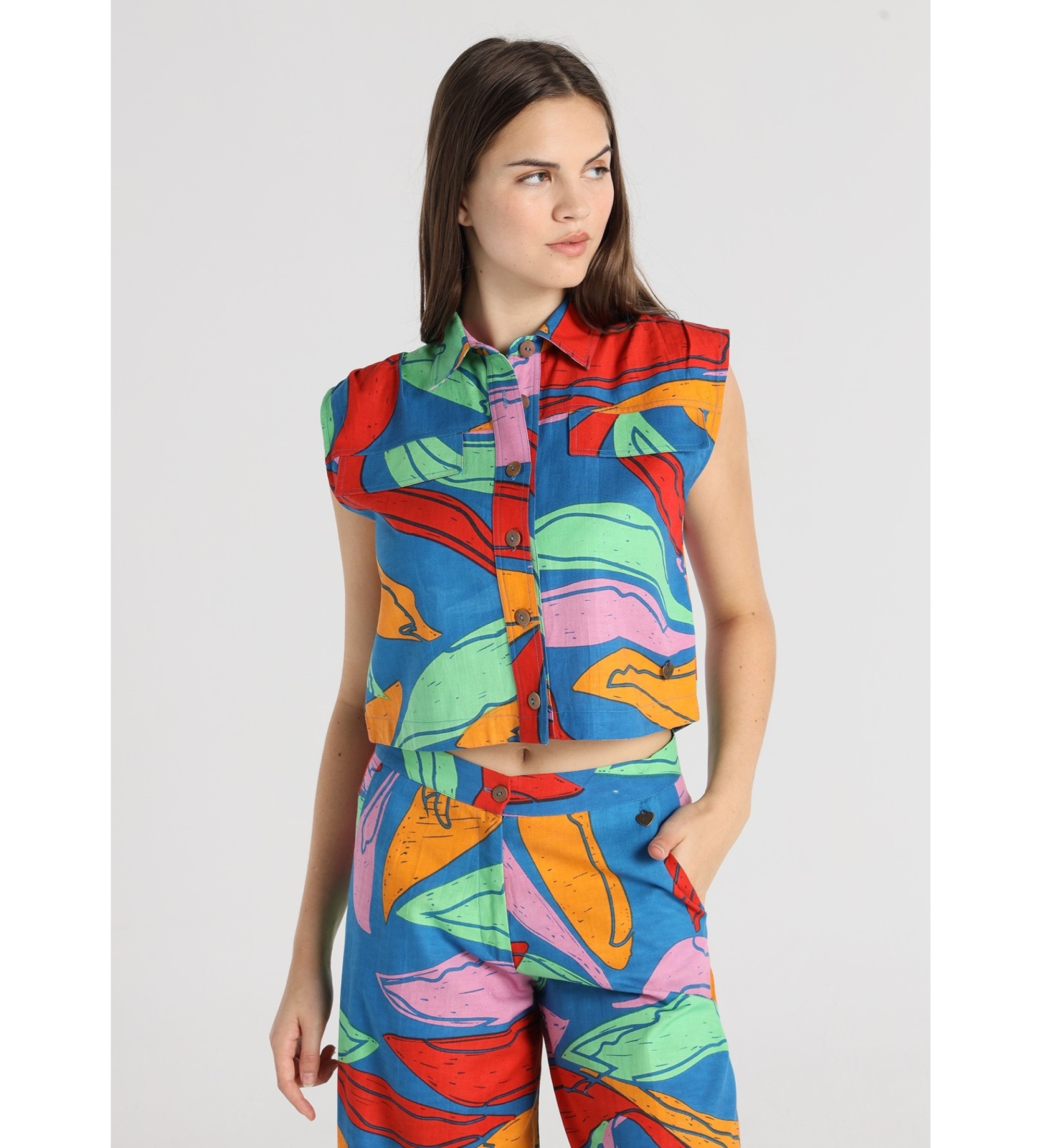 Lois Jeans Camicia senza maniche con tasche, stampa maxi foglia multicolore