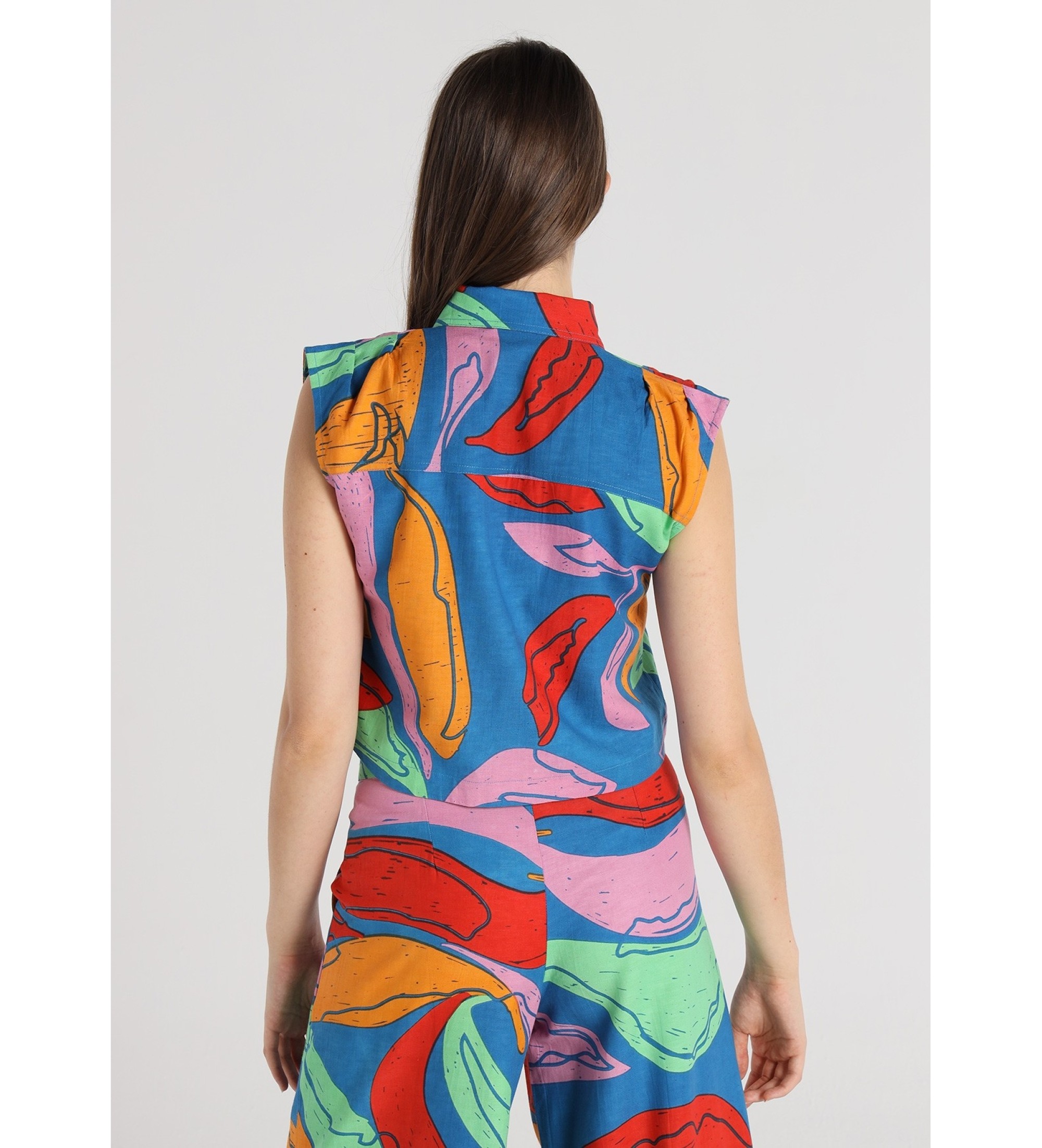 Lois Jeans Camicia senza maniche con tasche, stampa maxi foglia multicolore