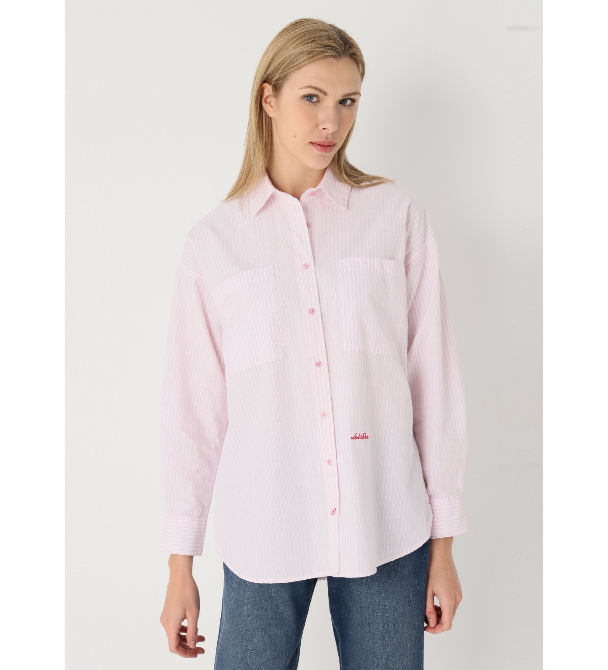 Lois Jeans Camisa de manga comprida com risca tecida cor-de-rosa