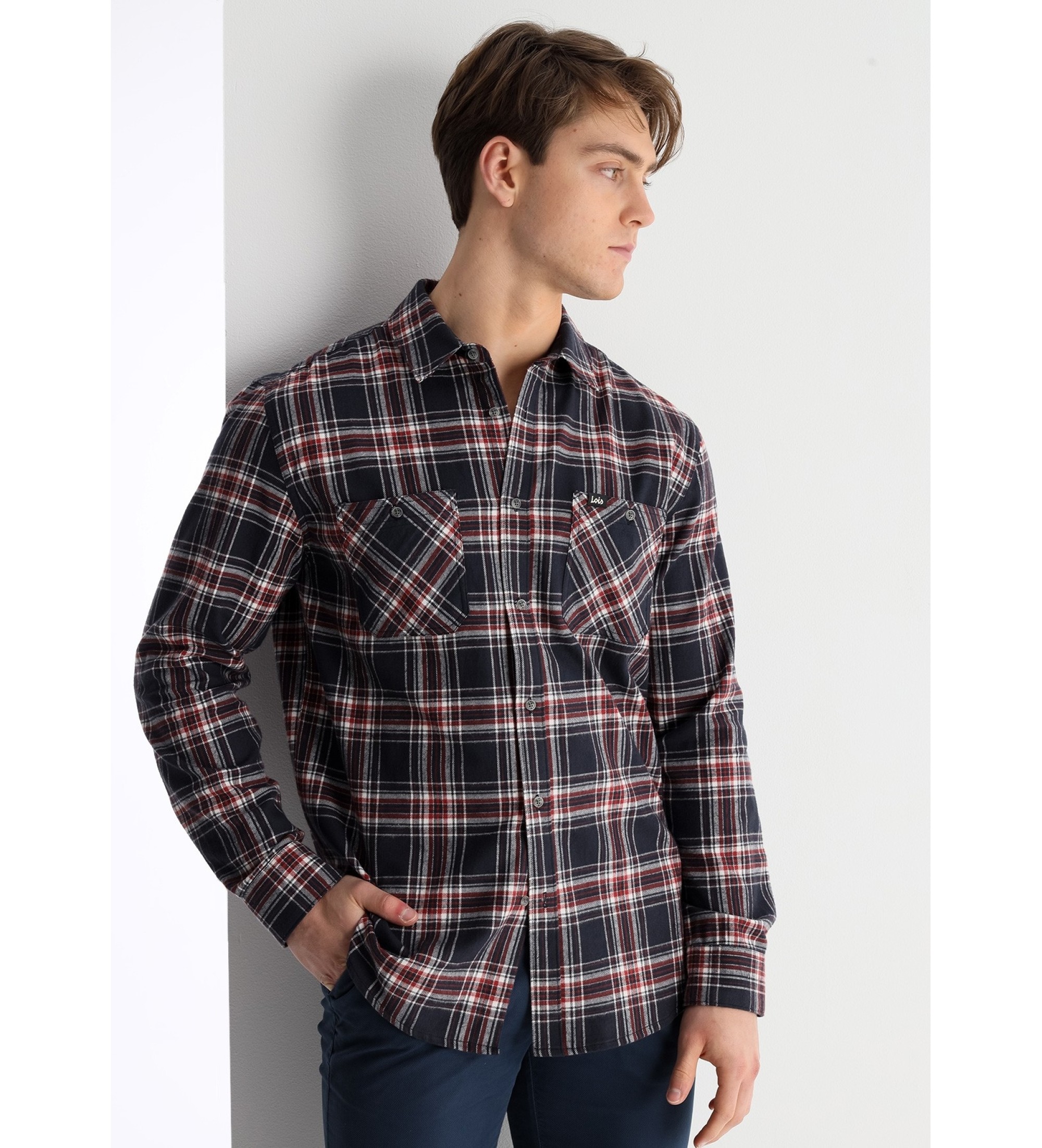 Lois Jeans Camisa de manga comprida axadrezada com bolsos em plastrão azul-marinho