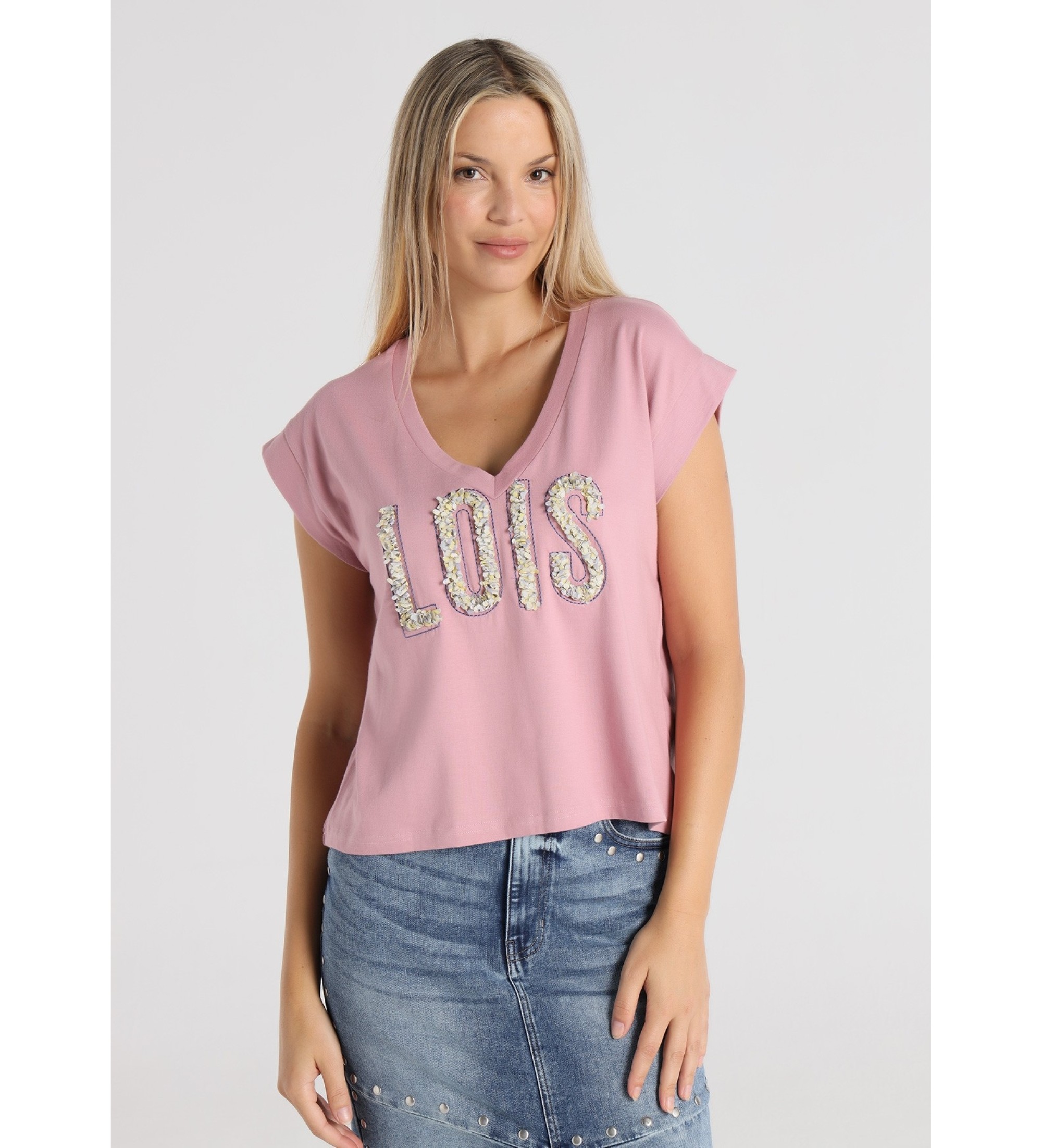 Lois Jeans Maglietta rosa a maniche corte con scollo a V