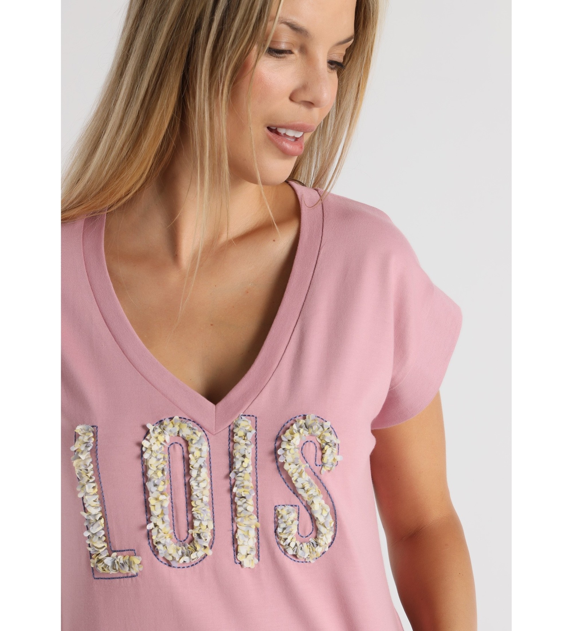 Lois Jeans Maglietta rosa a maniche corte con scollo a V
