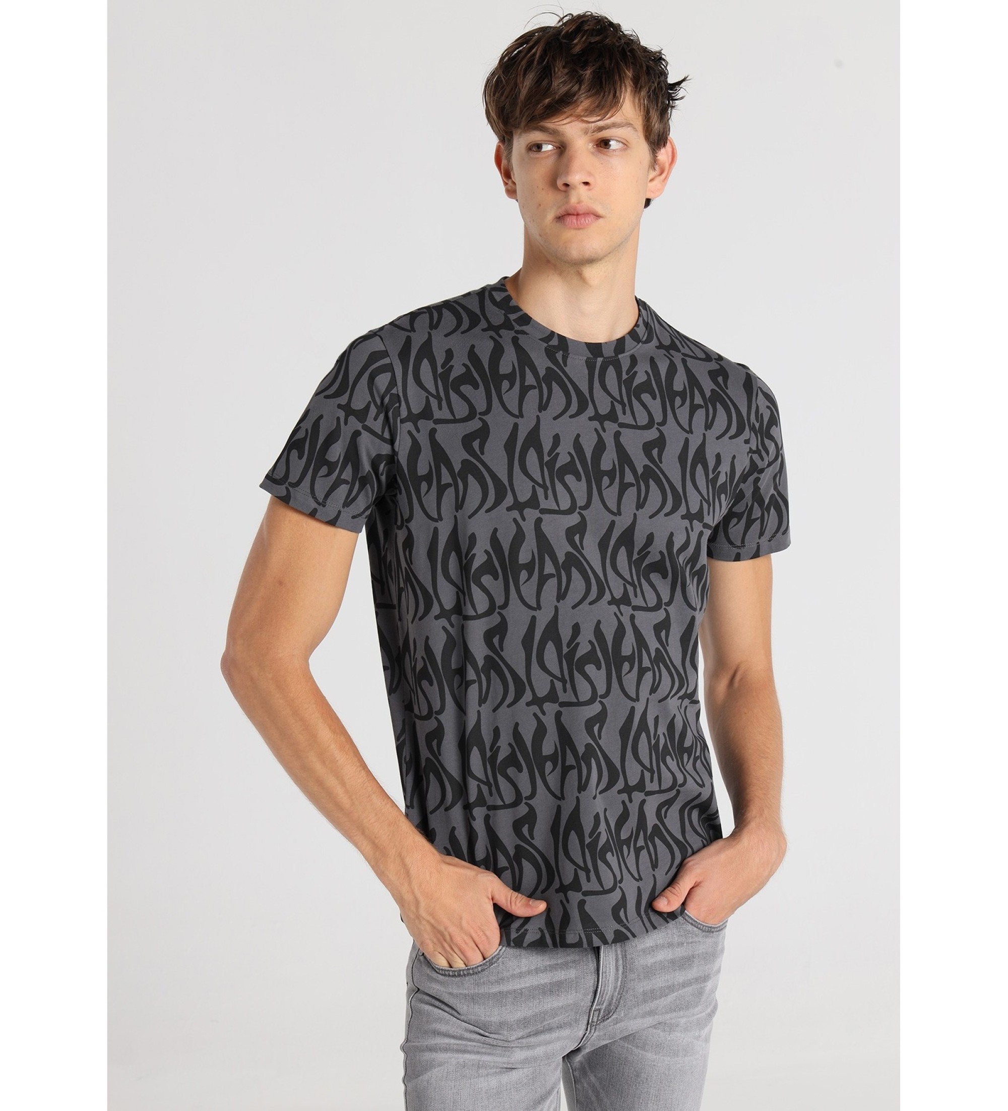 Lois Jeans T-shirt a maniche corte con stampa a cascata grigia da motociclista