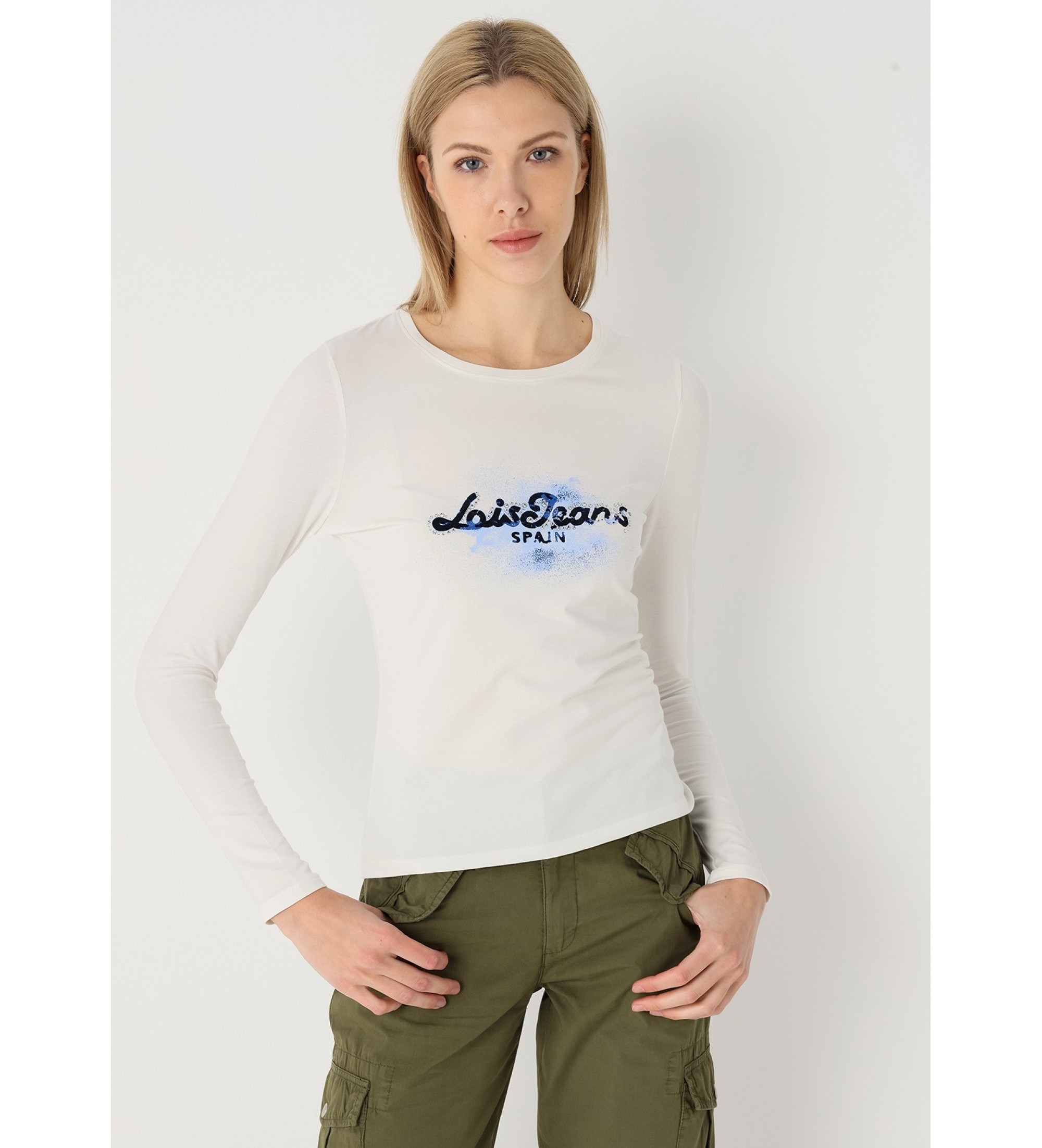 Lois Jeans Langrmeliges T-Shirt mit beigefarbenem Grafik-Logo auf der Brust
