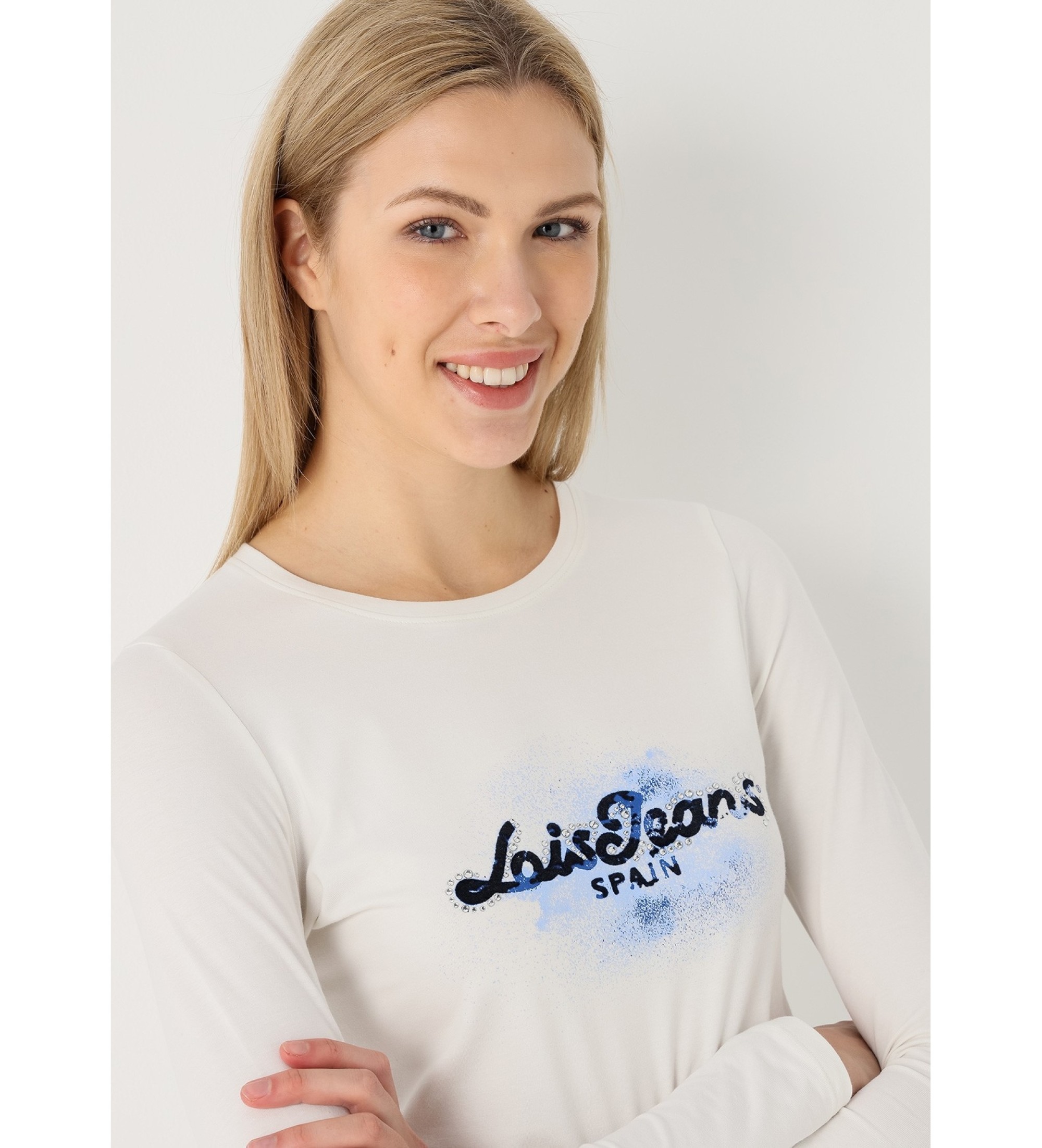 Lois Jeans Langrmeliges T-Shirt mit beigefarbenem Grafik-Logo auf der Brust
