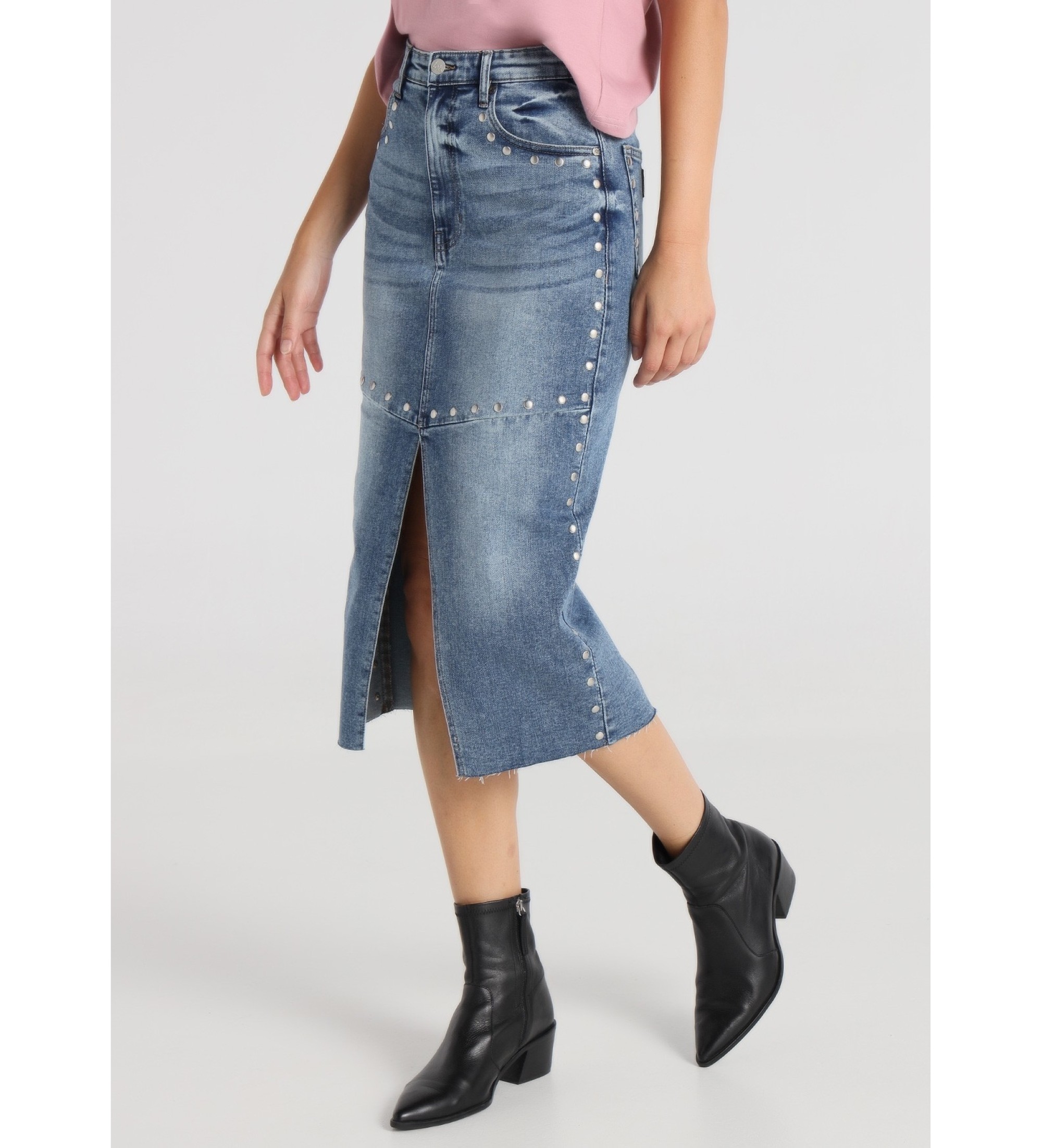 Lois Jeans Saia midi Tejana cintura alta com fenda frontal com rebites azuis