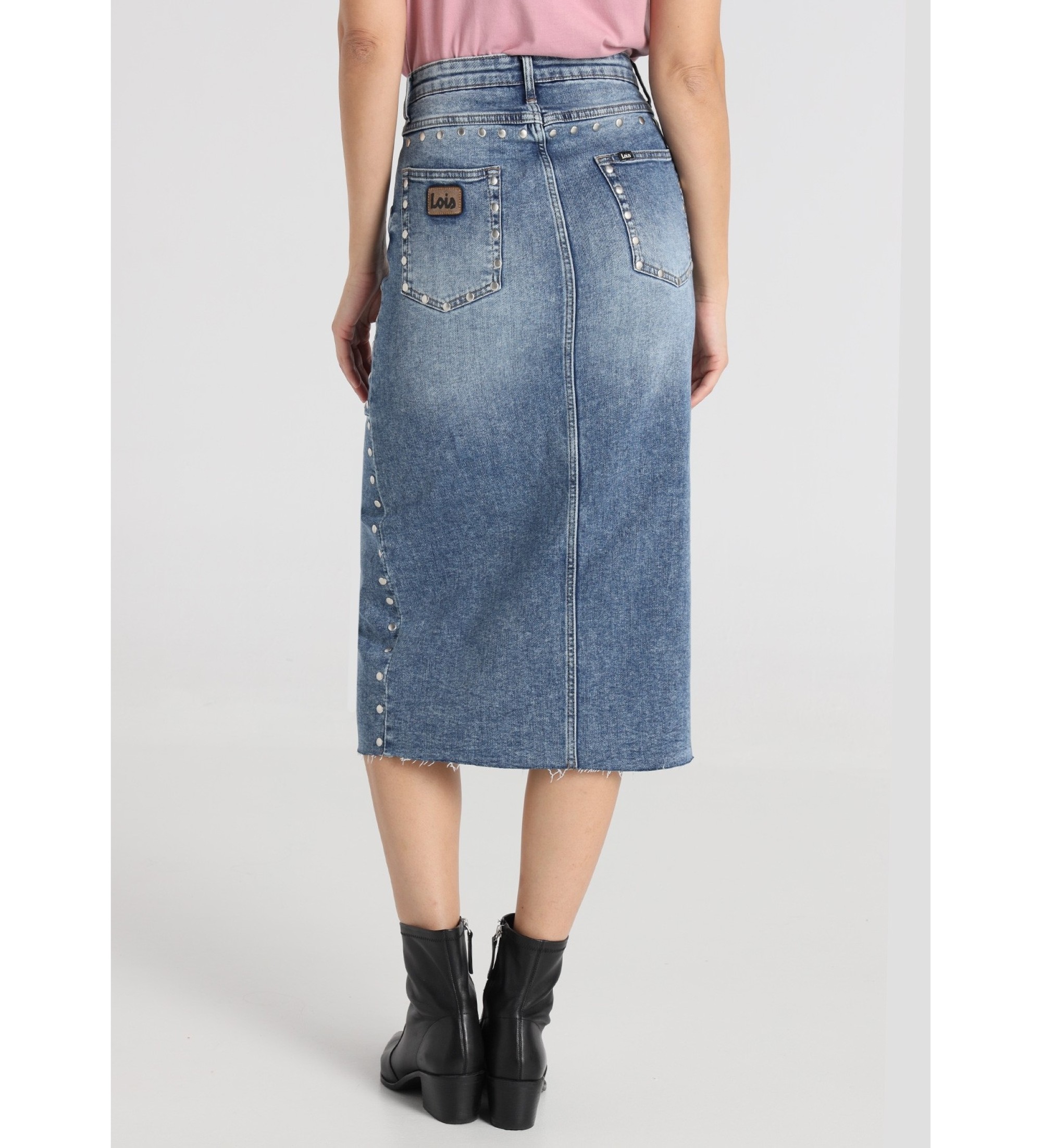 Lois Jeans Saia midi Tejana cintura alta com fenda frontal com rebites azuis