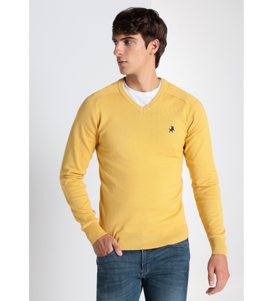 Lois Jeans LOIS JEANS - Pull basique  col en V avec broderie de taureau moutarde
