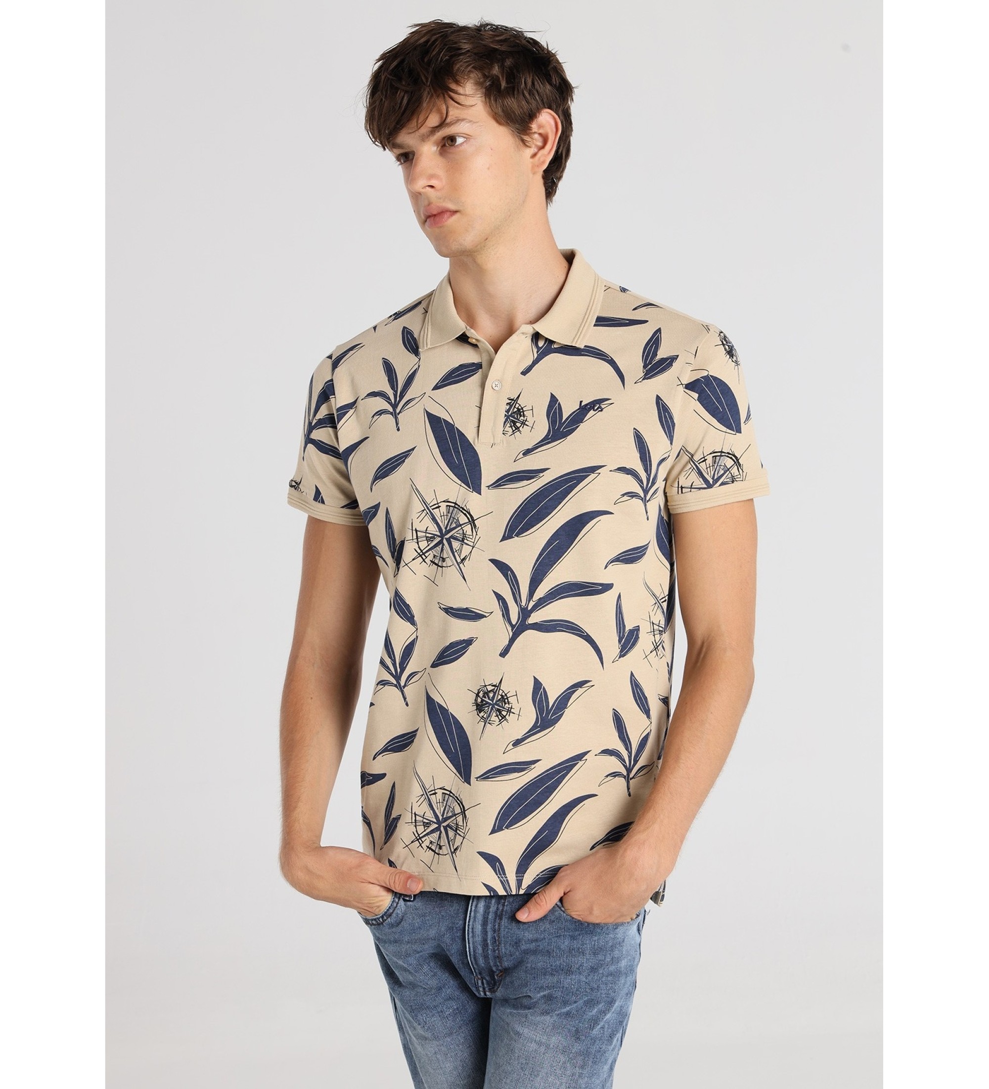 Lois Jeans Beżowa koszulka polo Discover z nadrukiem