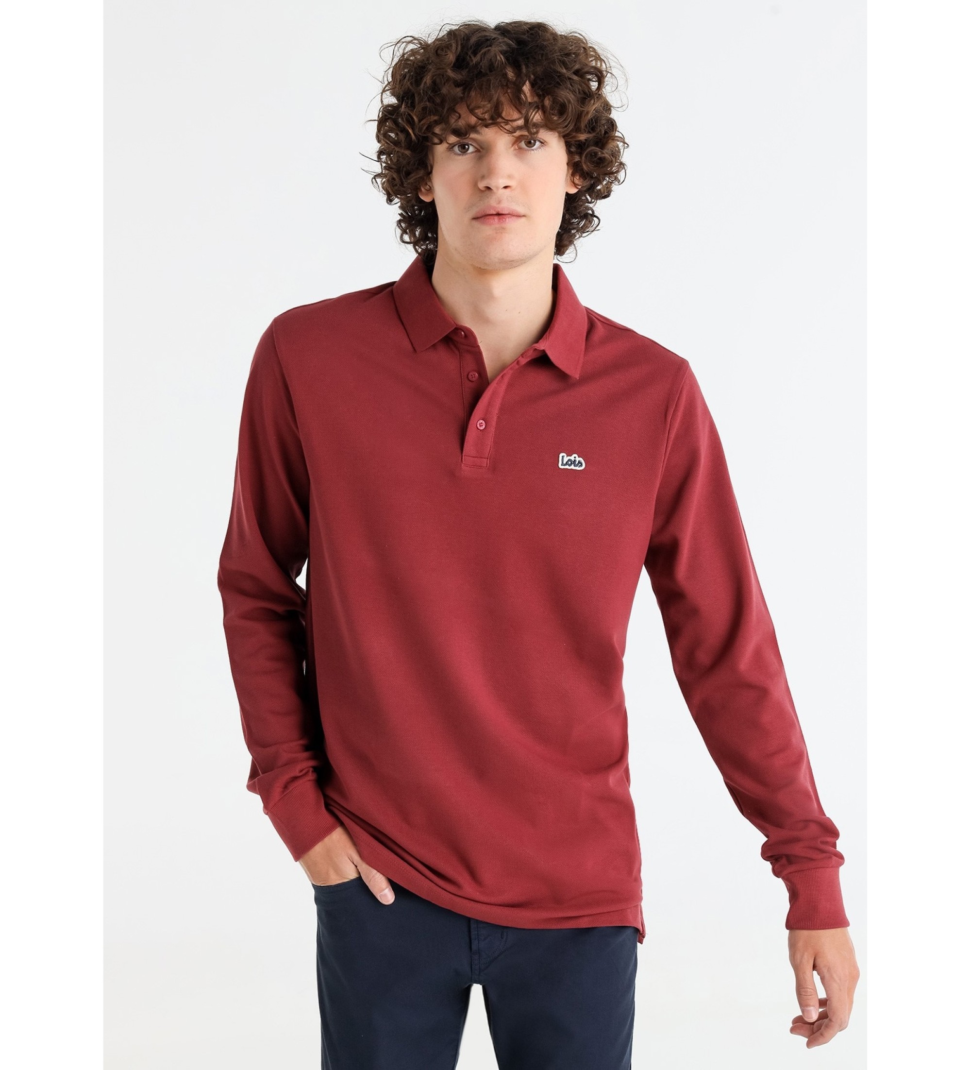 Lois Jeans Polo bsico de manga larga tejido pique con logo rojo