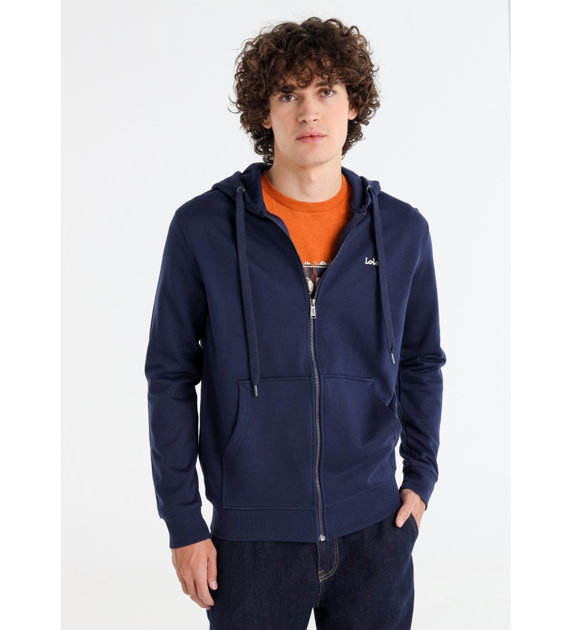 Lois Jeans Basic sweatshirt med htte og navyfarvet lynls