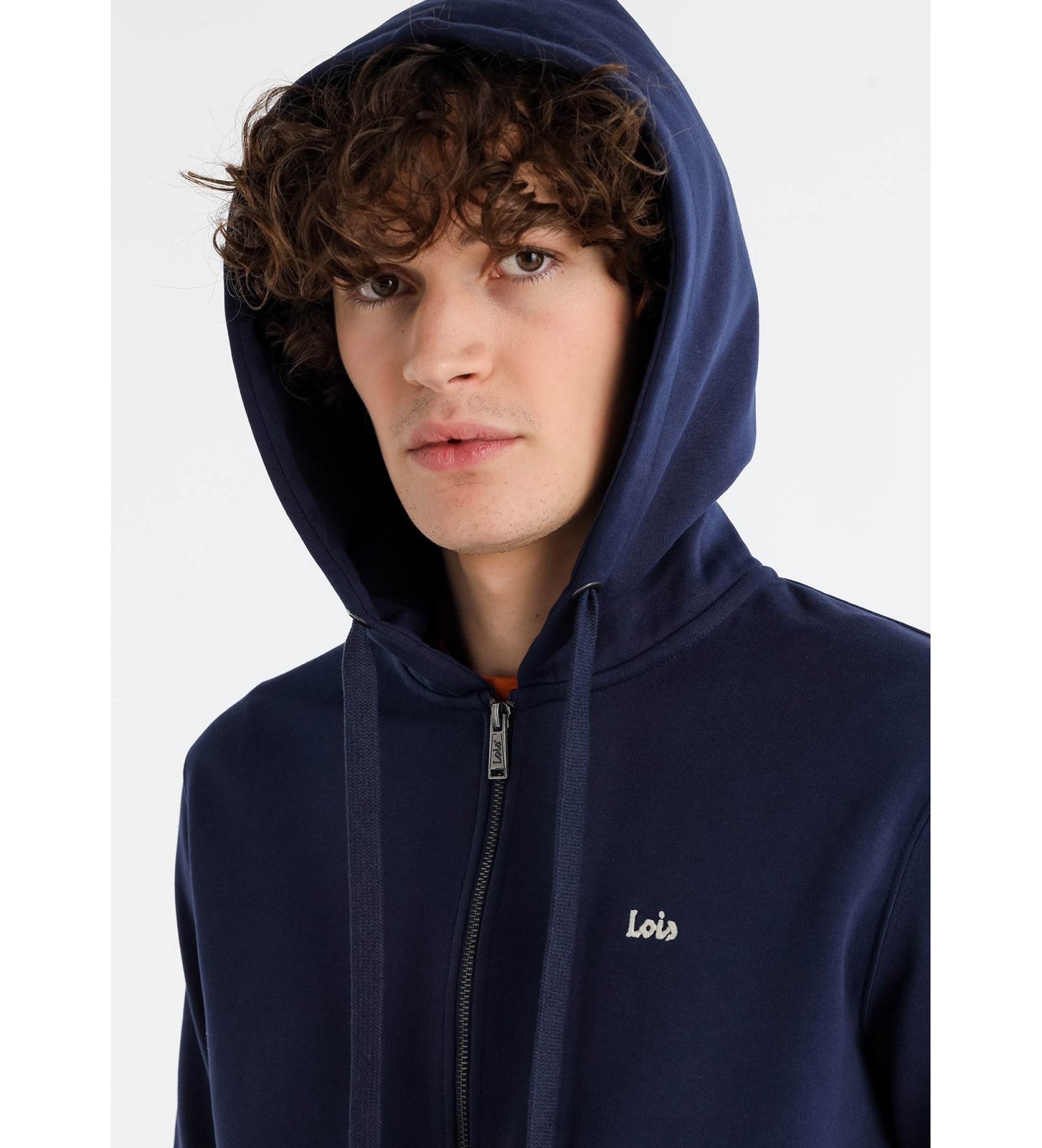 Lois Jeans Basic sweatshirt med htte og navyfarvet lynls