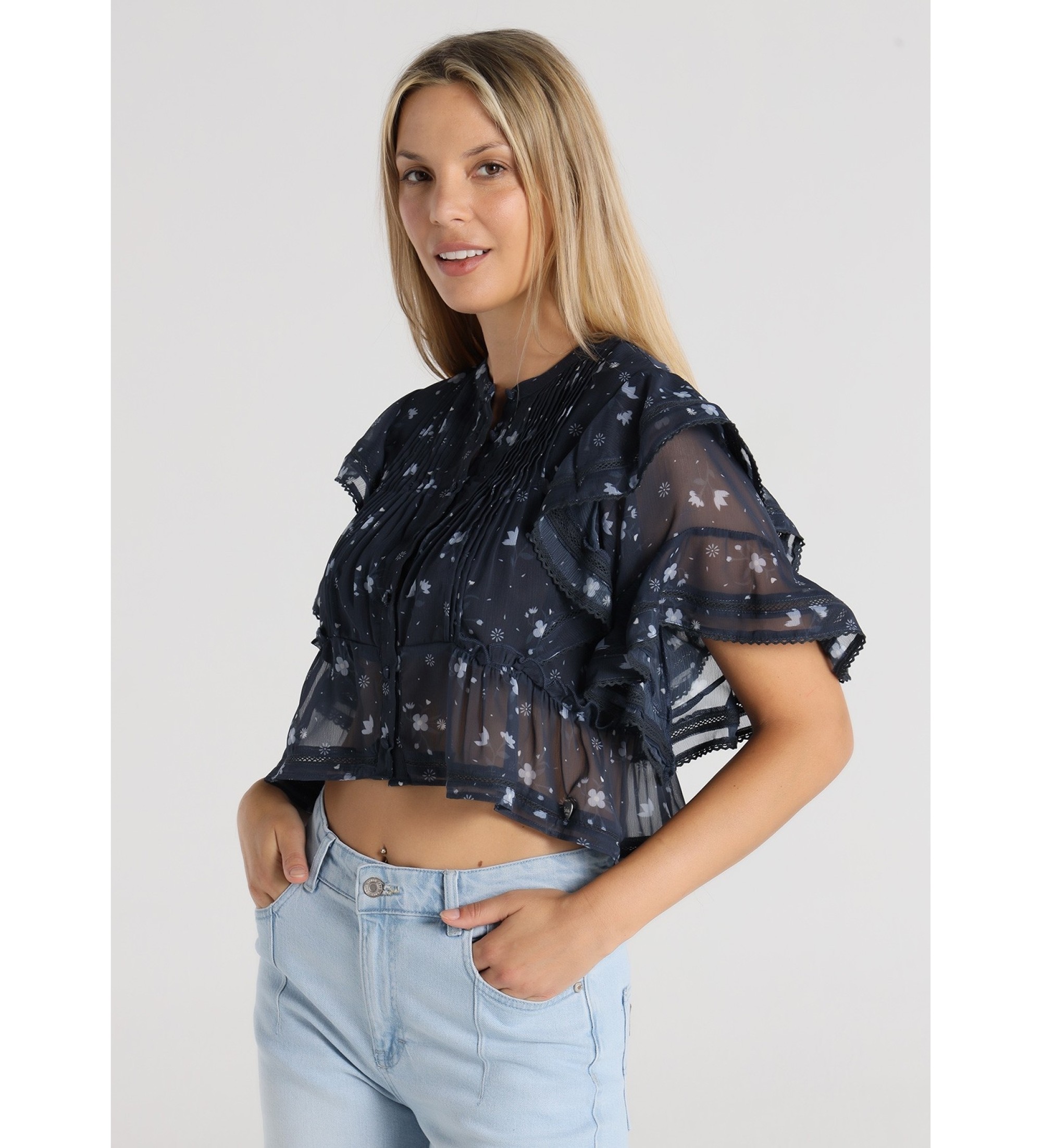 Lois Jeans Top de manga curta com folhos e estampado floral em azul-marinho