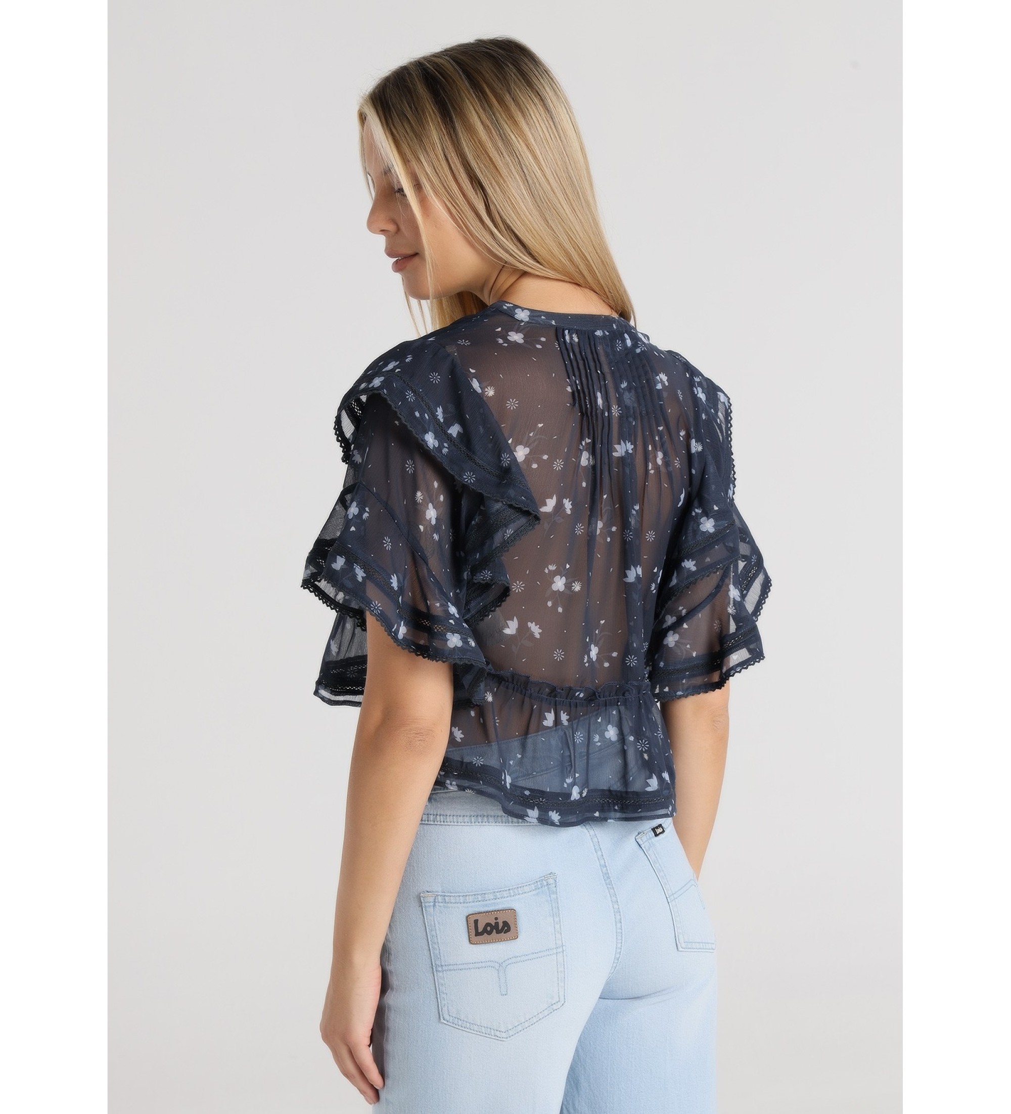 Lois Jeans Top de manga curta com folhos e estampado floral em azul-marinho