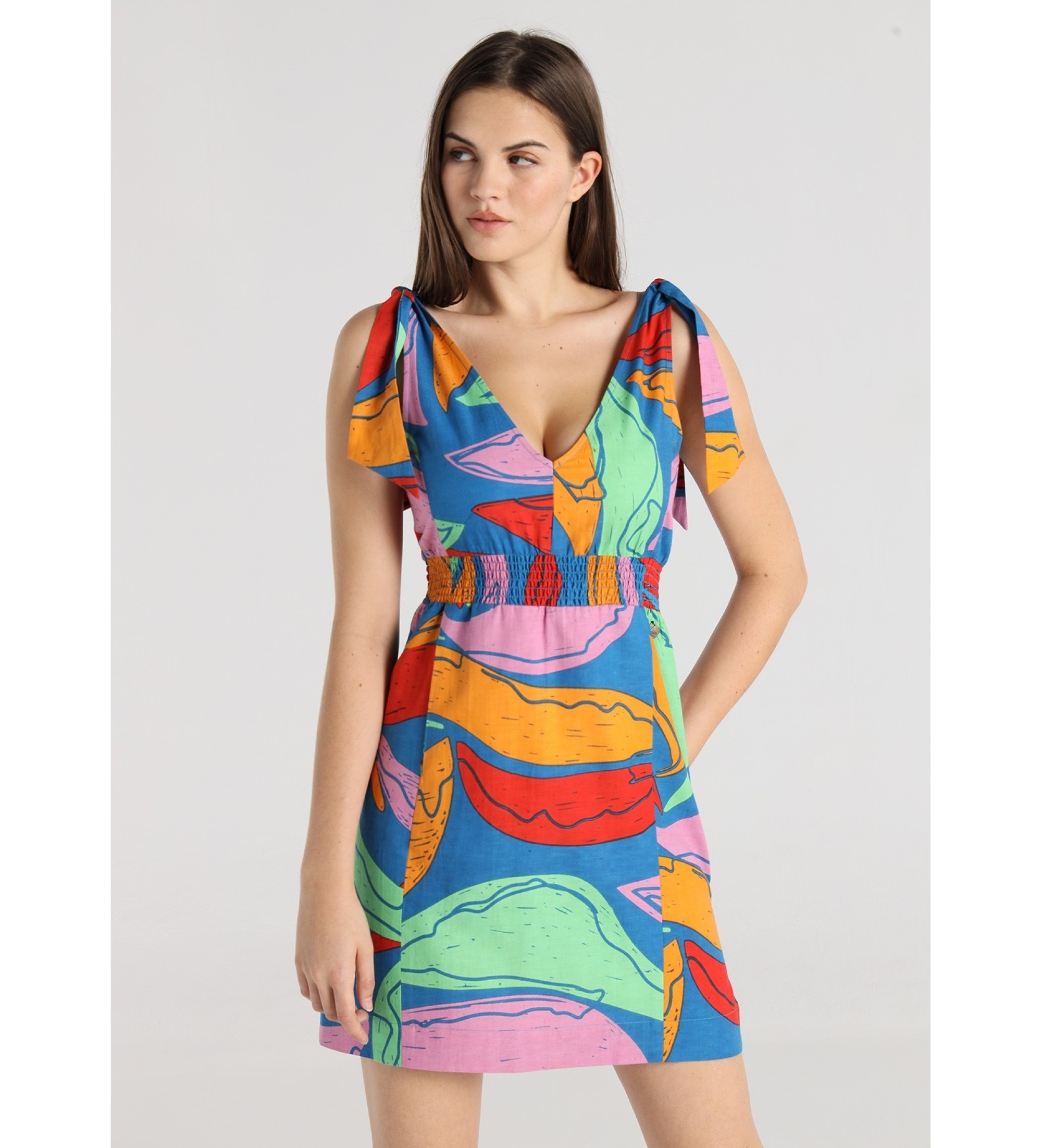 Lois Jeans Vestido corto Lazo en los hombros estampado maxi hojas multicolor