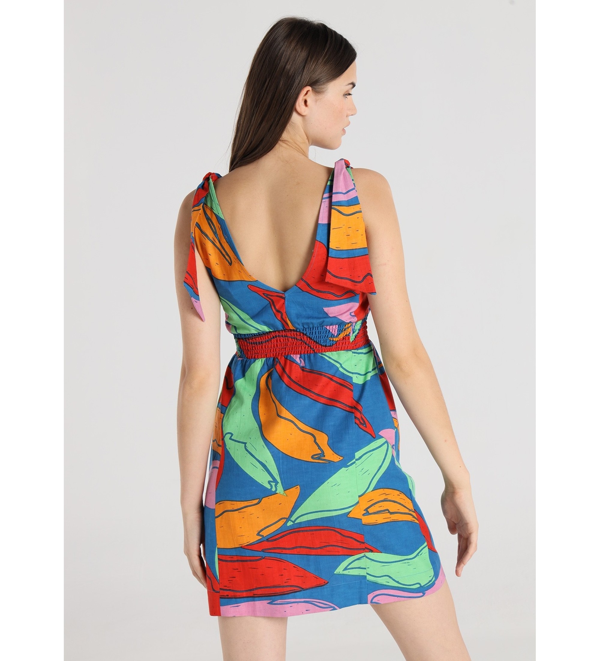Lois Jeans Vestido corto Lazo en los hombros estampado maxi hojas multicolor