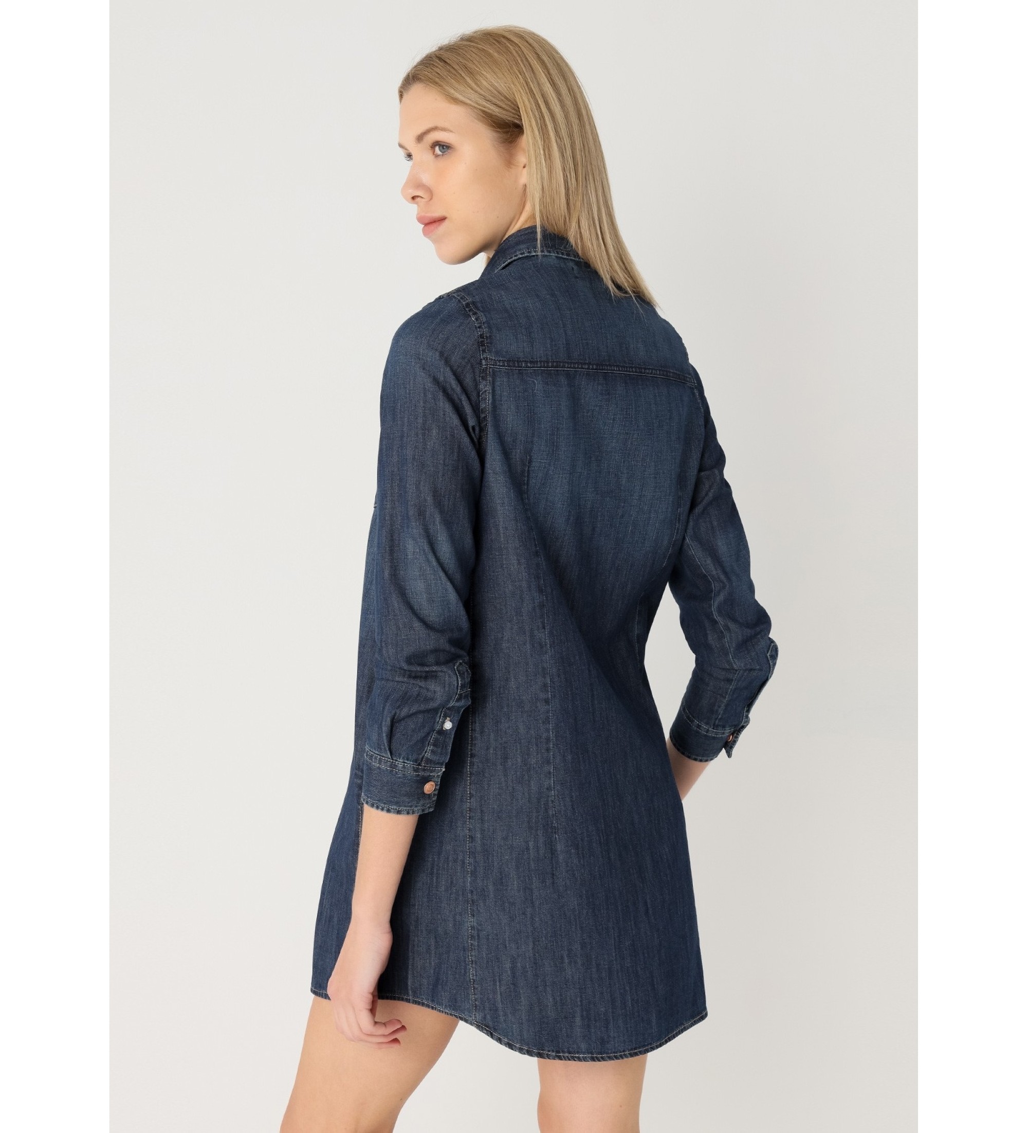 Lois Jeans Langrmet kort denimkjole med marinebl lommer
