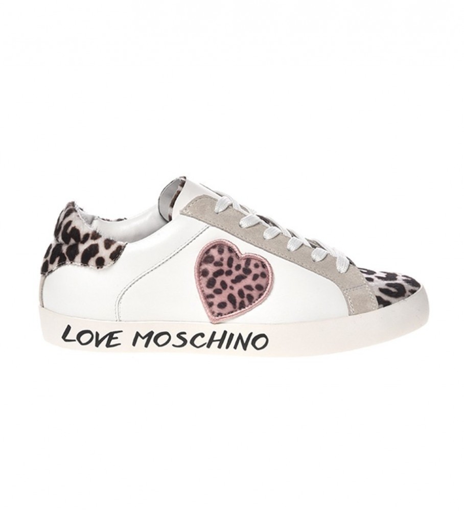 Love Moschino Sneakers Casse25 Mix in pelle bianca, stampa animalier