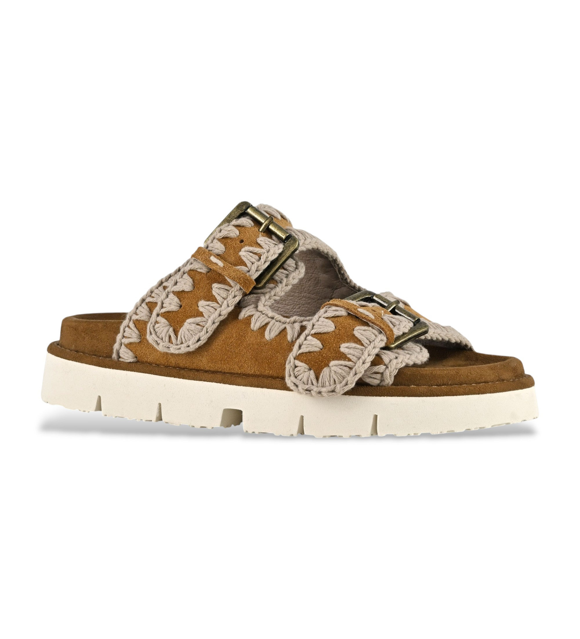 Mou Sandali Bio in camoscio marrone con due fibbie