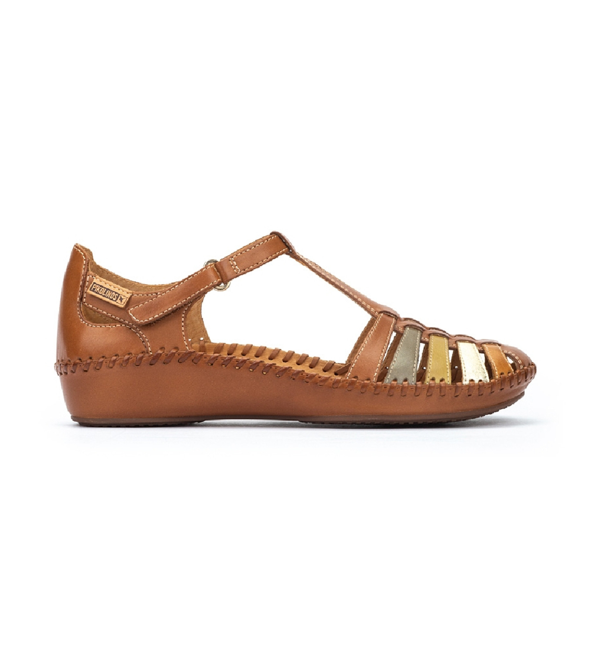 Pikolinos Semi open-toed leather shoes with brown P. Vallarta hook-and-loop fasteners