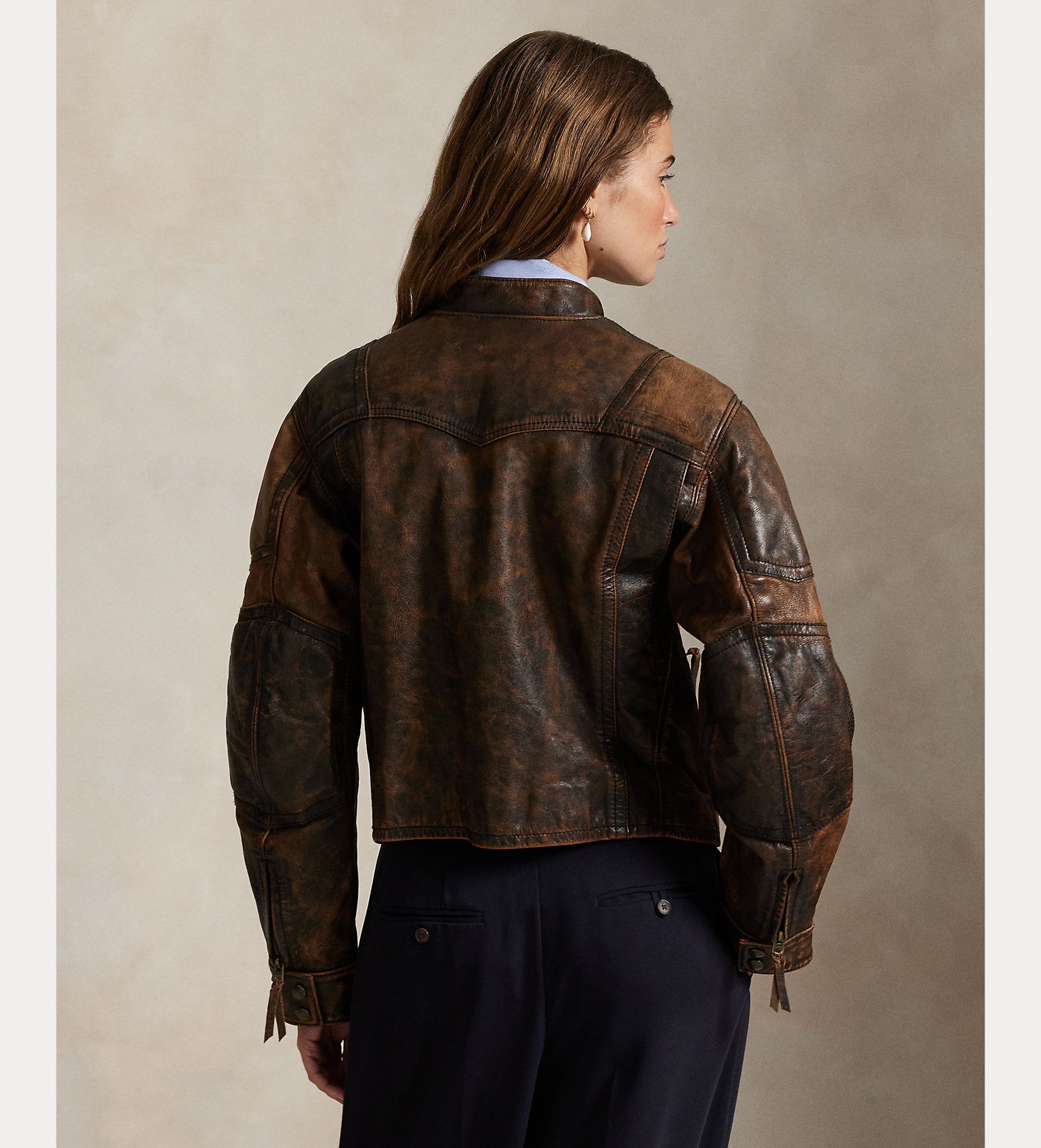 Polo Ralph Lauren Brown Crackled Leather Jacket - Esdemarca Store