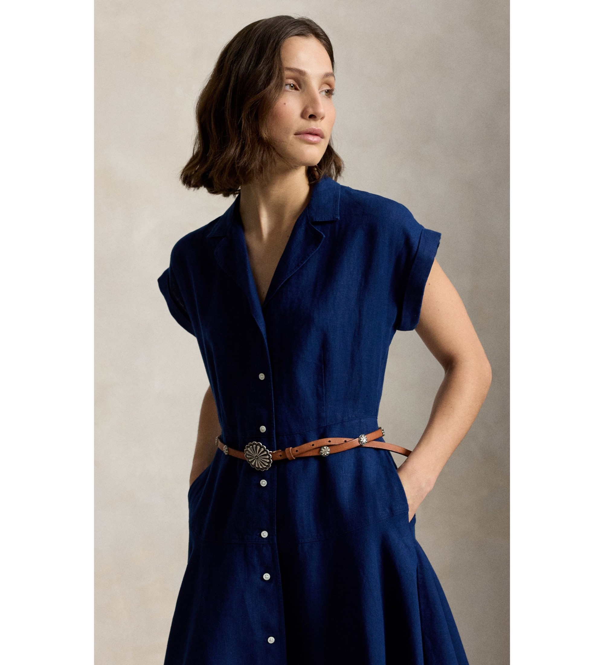 Polo Ralph Lauren Vestido tipo camisa de linho com manga curta marinho