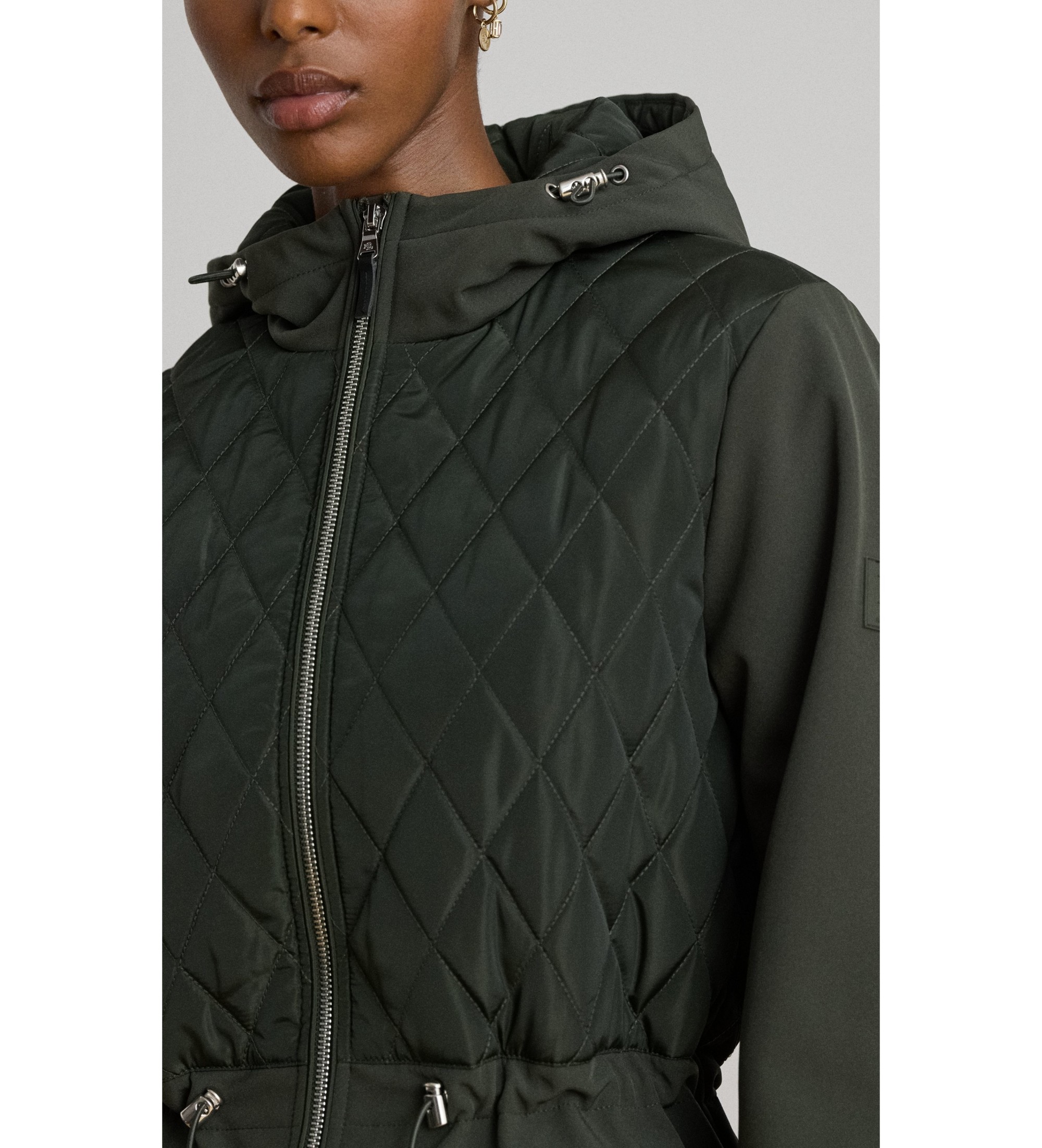 Lauren Ralph Lauren Pikowany płaszcz damski z zielonym kapturem w romby