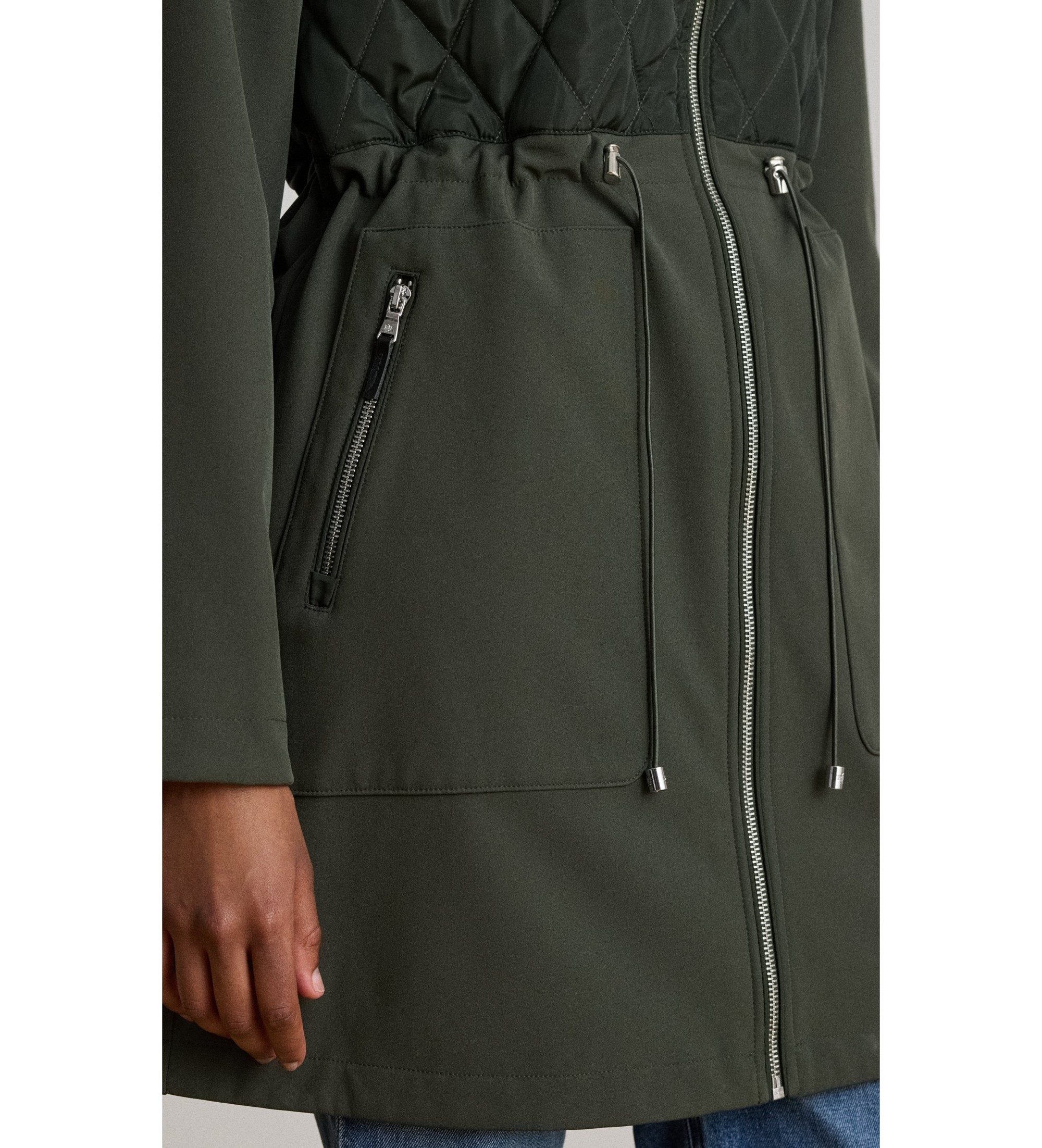 Lauren Ralph Lauren Pikowany płaszcz damski z zielonym kapturem w romby