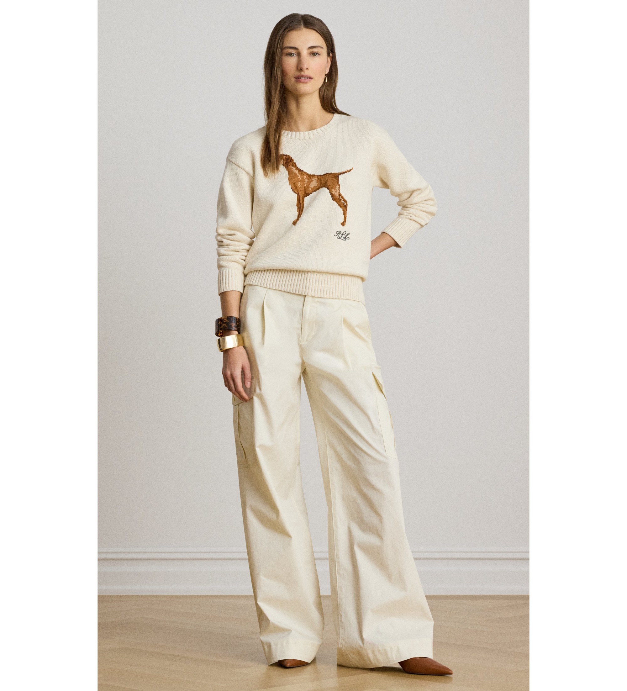 Lauren Ralph Lauren Sweter bawełniany z białokremowym psem intarsyjnym