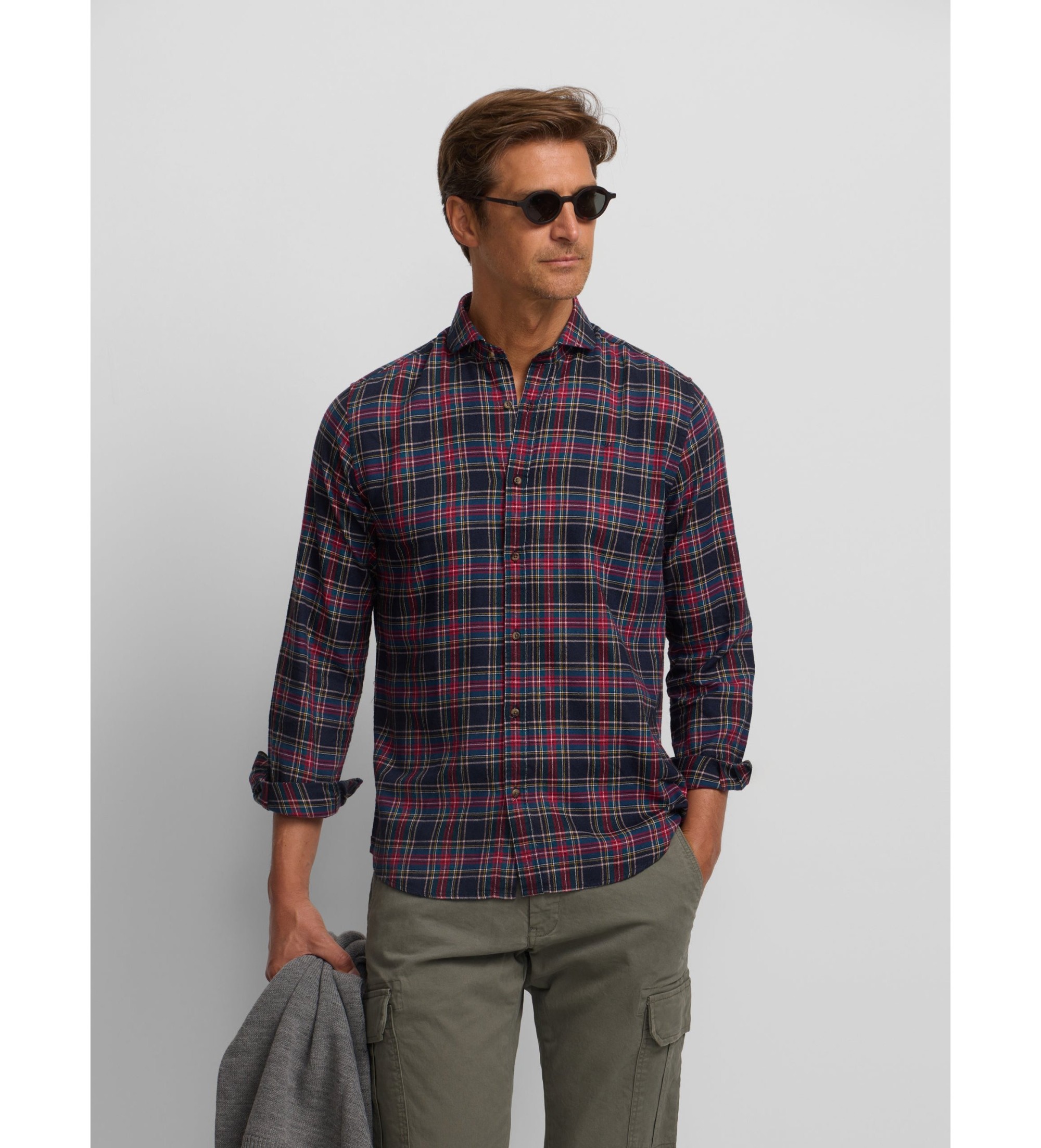 Silbon Two-tone blue and burgundy tartan check sport shirt